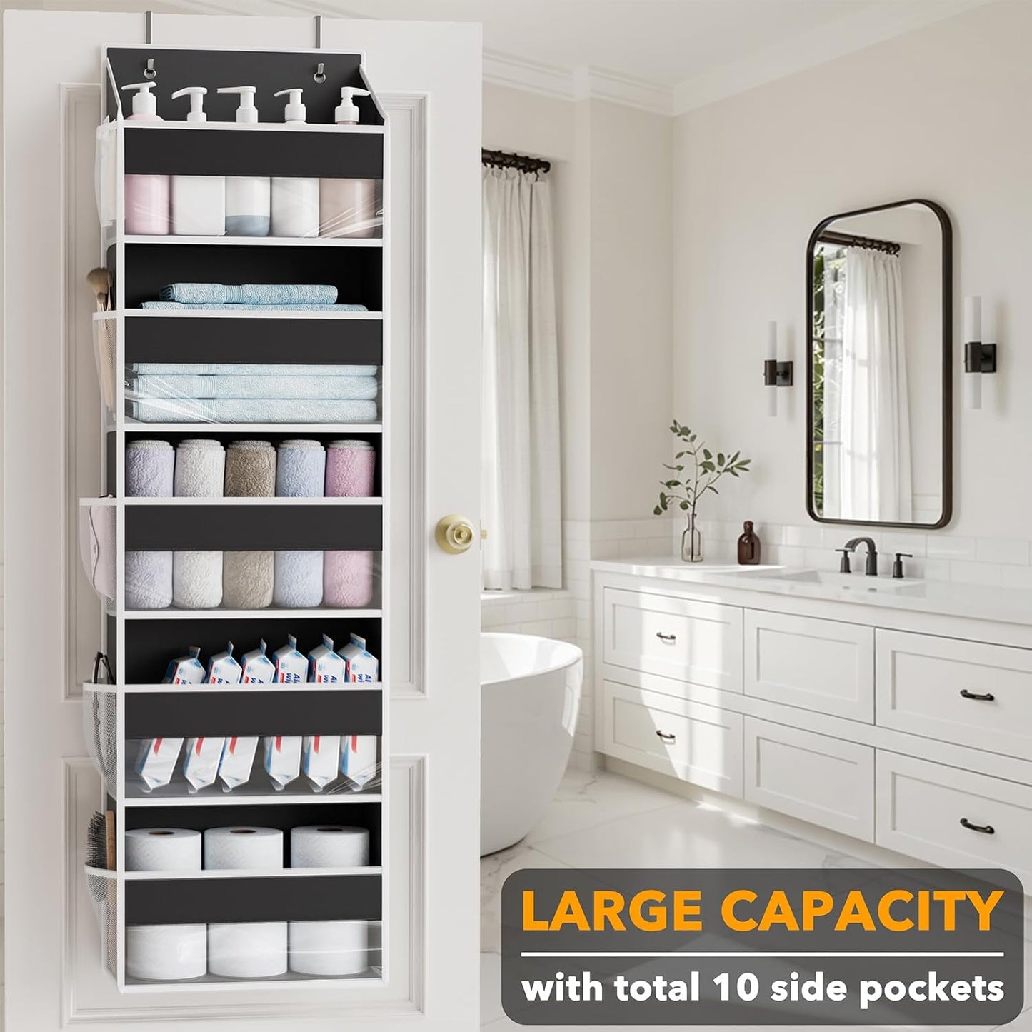 SpaceAid 2 Pack Over The Door Organizer with 5 Large Pockets and 10 Mesh Side Pockets, 5 Layers Door Organizer Hanging with Clear Window for Bedroom, Bathroom, Pantry and Nursery, Black