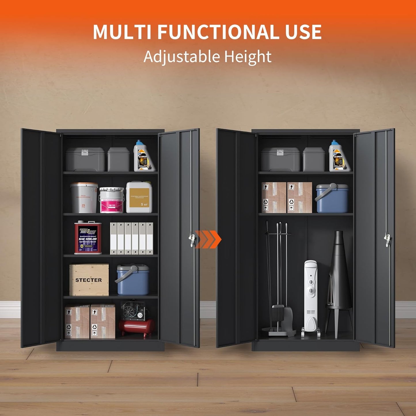 72'' Garage Storage Cabinet, Lockable Storage Cabinet with Adjustable Shelves, Steel Tool Cabinets for Home, Office, Garage, Require Assembly, Black