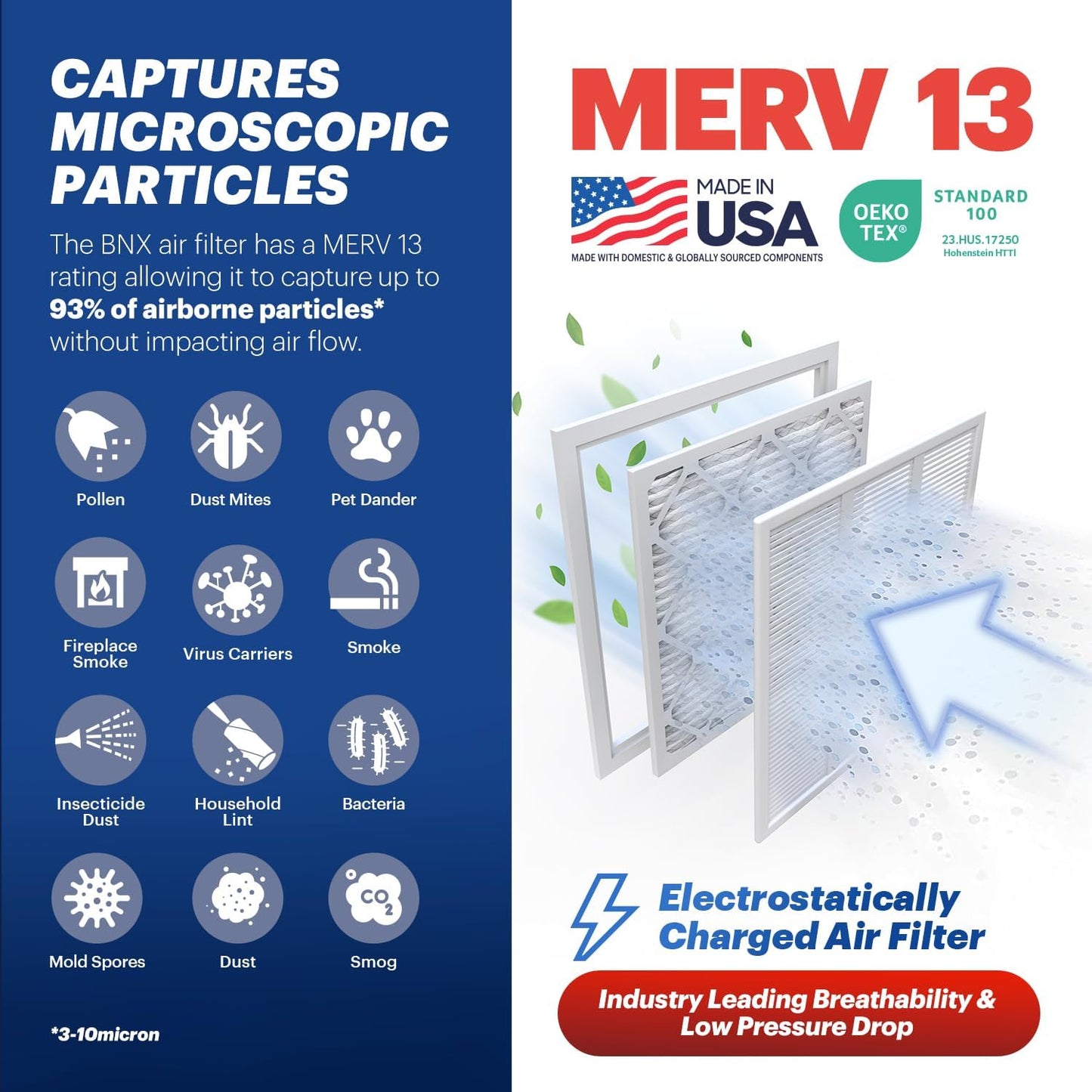 BNX TruFilter 18x24x1 Air Filter MERV 13 (6-Pack) - MADE IN USA - Electrostatic Pleated Air Conditioner HVAC AC Furnace Filters for Allergies, Pollen, Mold, Bacteria, Smoke, Allergen, MPR 1900 FPR 10
