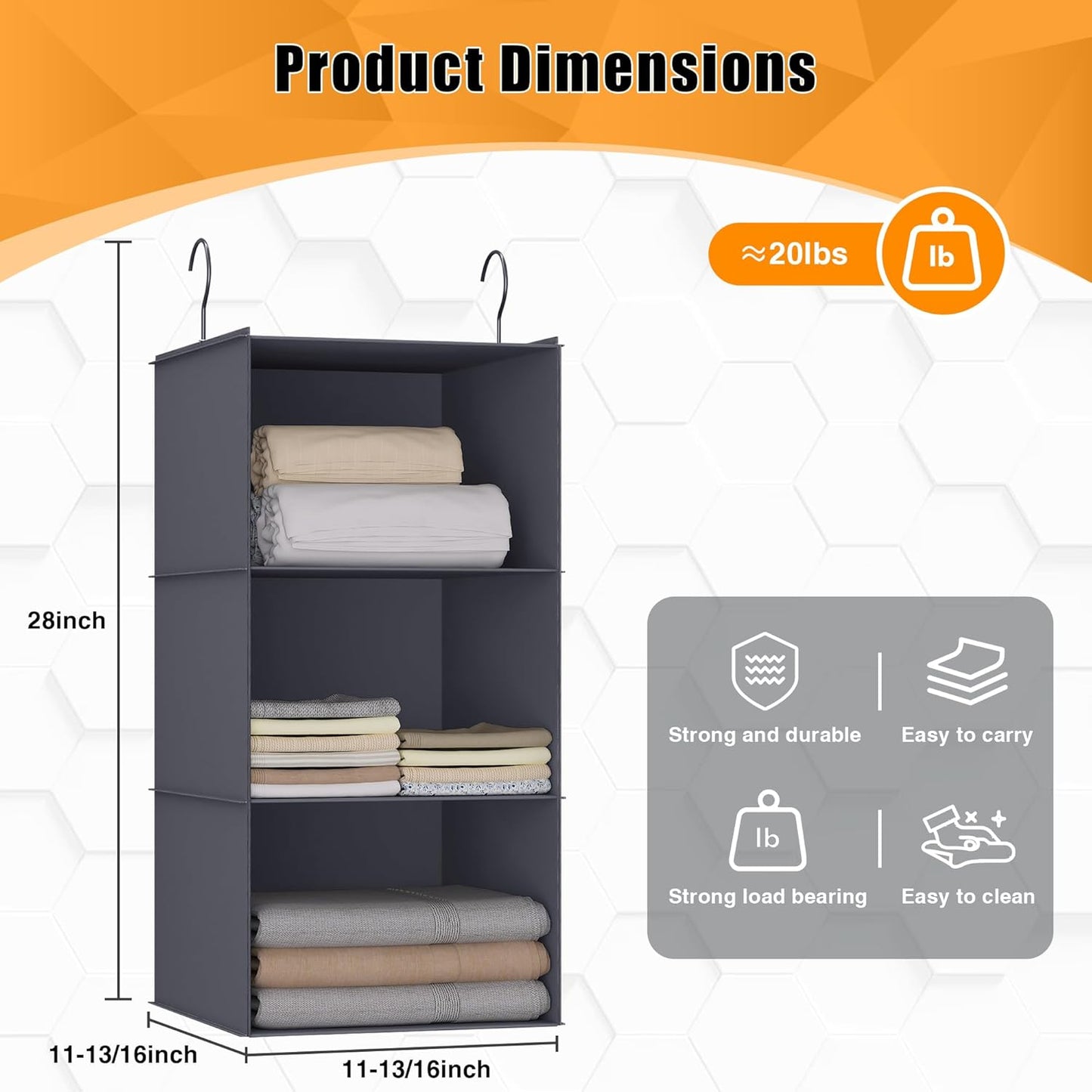 Hanging Closet Organizer and Storage 3-Shelf, Easy Mount Foldable Hanging Closet Wardrobe Storage Shelves, Clothes Handbag Shoes Accessories Storage, Washable Oxford Cloth Fabric, Dark Gray