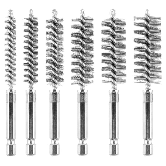 6Pieces Wire Brush Drill Bore Cleaning Brushes Set,with 1/4 Inch Hex Shank Stainless Steel Wire Twisted Brush for Rust, Cleaning Tubes (8/10/12/15/17/19MM) ﻿