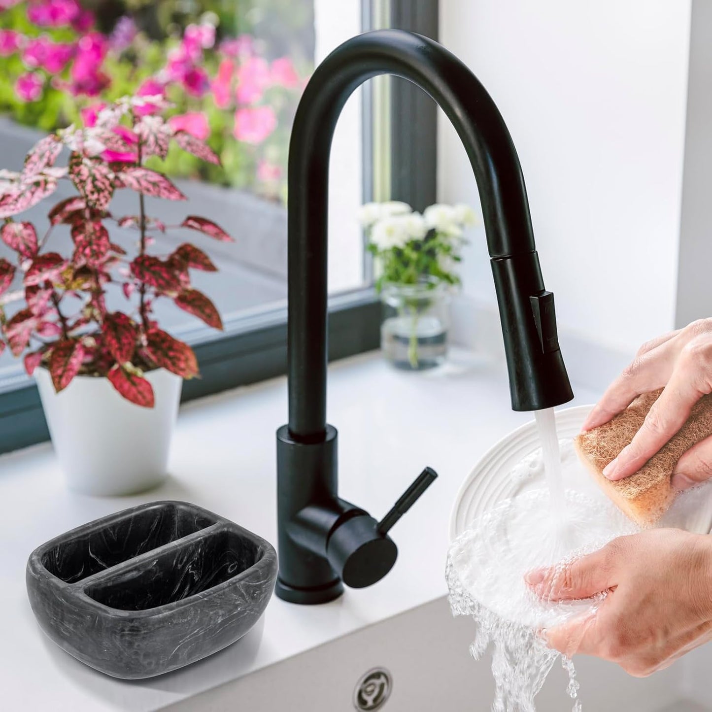 MyGift Modern Black Resin Double Sponge Holder with Realistic Marble Pattern for Kitchen Sink Countertop, Dish Cleaning Sponges or Scrubbing Pads Bowl with 2 Compartments