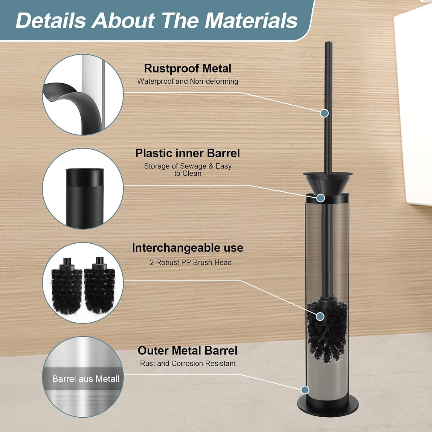 BGL Toilet Brush and Holder Set, Heavy Duty 304 Stainless Steel, Round Base and Long Handle for Bathroom Deep Cleaning, Drip-Proof, Space Saving for Storag, Black