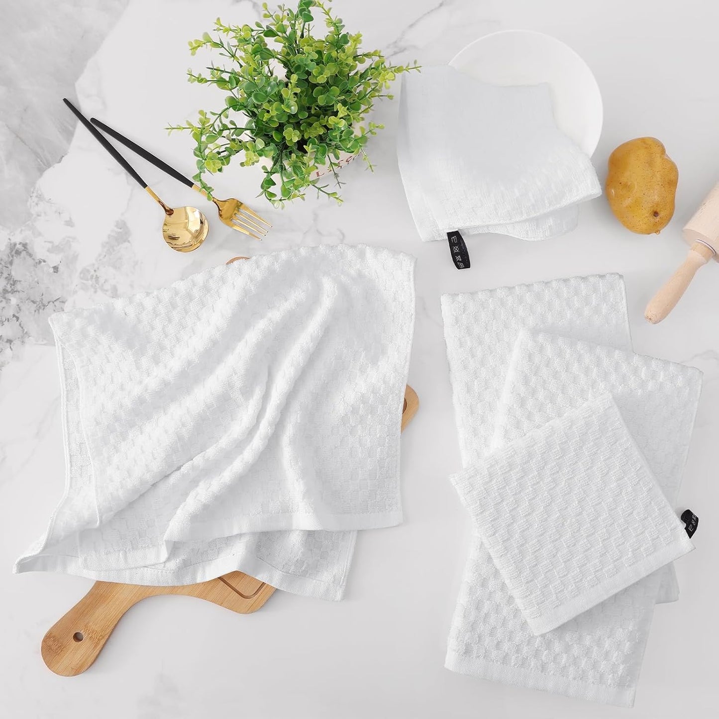 Fintale 100% Cotton Kitchen Towels and Dishcloths Set, 12 x 12 & 15 x 25 Inches, Set of 8 Bulk Super Soft and Absorbent Terry Cloth Dish Towels, Quick Drying Hand Towels with Hanging Loop, White