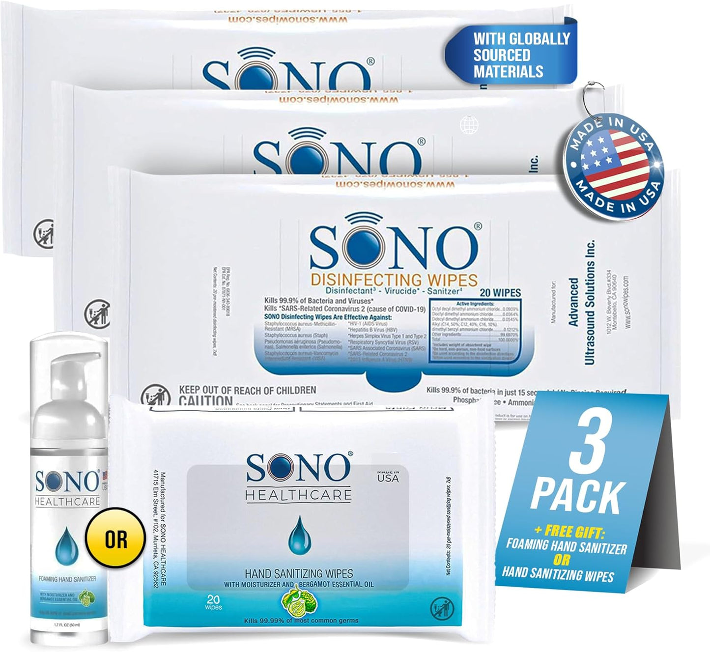 SONO Disinfecting Wipes - 60 Count (Pack of 3) + Sanitizer, Travel Size, Alcohol-Free, No Bleach, Medical-Grade, Multi-Surface Cleaning for School, Office, and On-The-Go