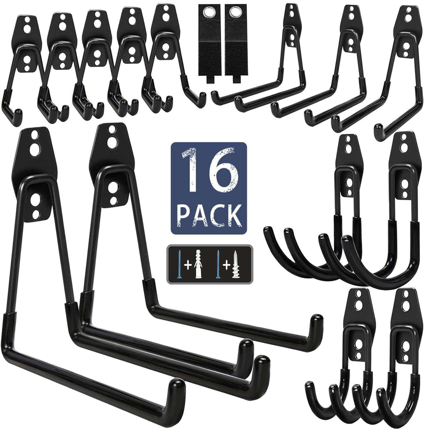 KOFANI Steel Garage Storage Hooks - 16 Pack Anti-Slip Coating, Heavy Duty Wall Mount Hooks for