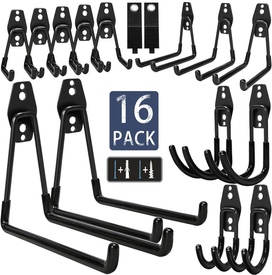 KOFANI Steel Garage Storage Hooks - 16 Pack Anti-Slip Coating, Heavy Duty Wall Mount Hooks for