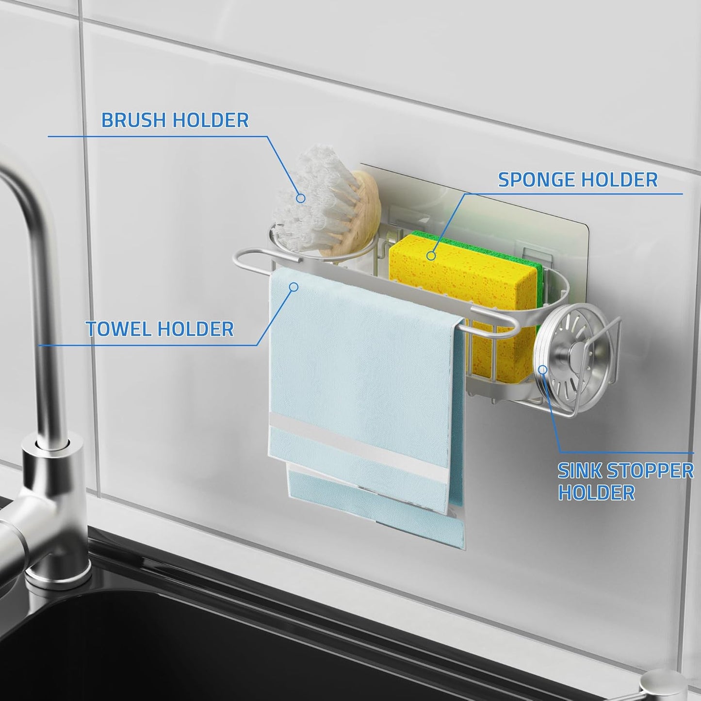 Cisily Grey Kitchen Sink Caddy Sponge Holder in the Sink, Stainless Steel Kitchen Organizer, Brush Holder, Dish Cloth Hanger 2 Installation Ways (Suction & Adhesives