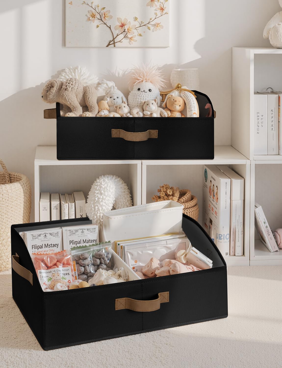 StorageWorks Closet Storage Bins, Trapezoid Organizer Box for Shelves, Fabric Clothes Bin, Foldable Organizing Baskets with Handles, Large, Black, 3-Pack