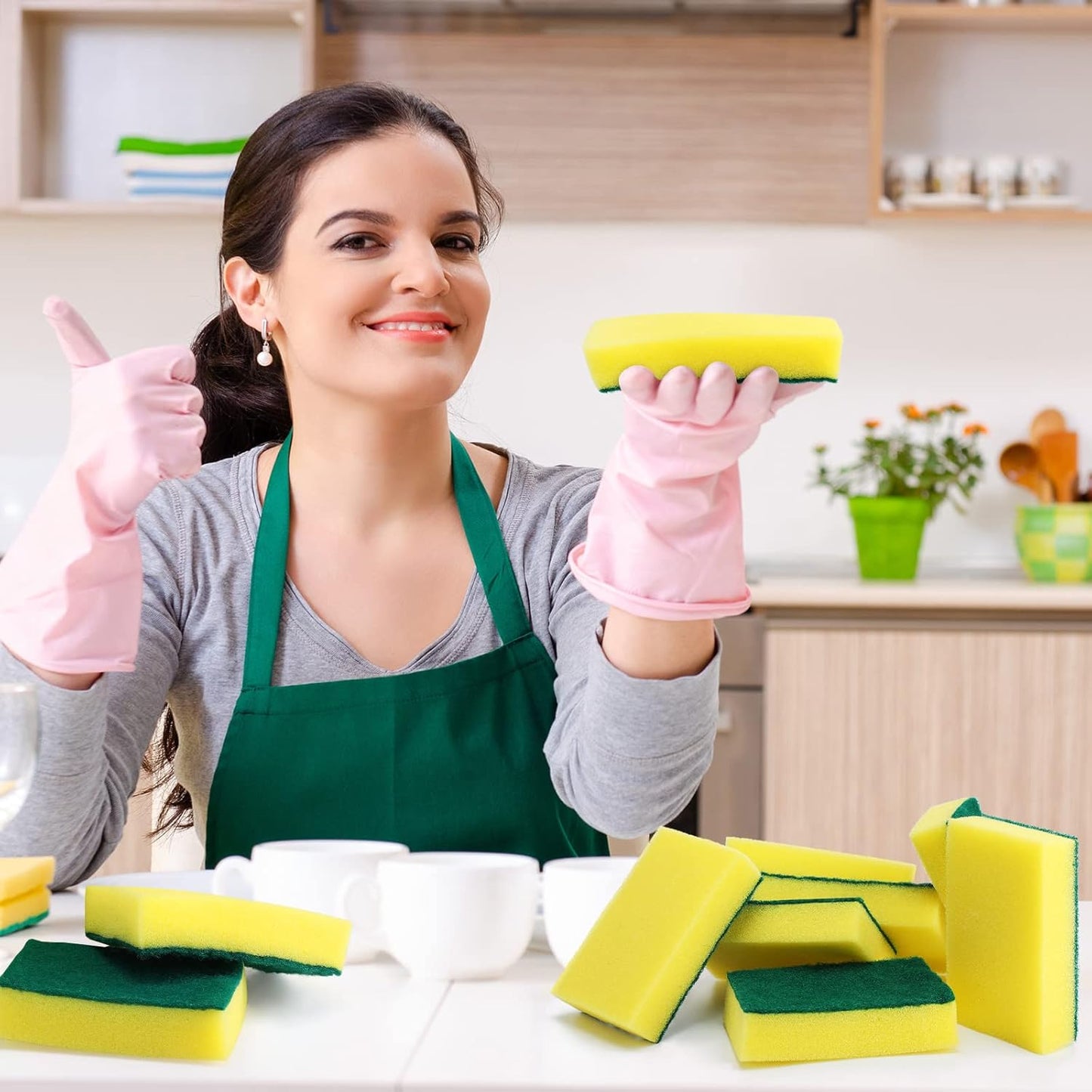 Tanlade 240 Pcs Individually Wrapped Sponge Dishwashing Sponge Bulk Non Scratch Scrub Sponges Kitchen Scouring Pad for Household Cleaning Rental Dishes Hotel Apartment Car (Yellow,Green)