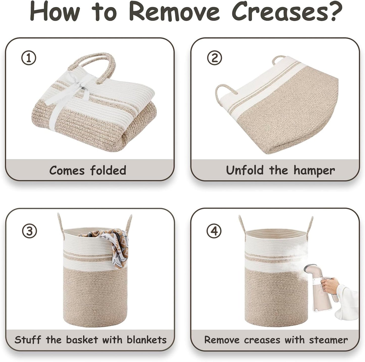 VIPOSCO Large Laundry Hamper, Tall Woven Rope Storage Basket for Blanket, Toys, Dirty Clothes in Living Room, Bathroom, Bedroom - 53L Brown & White