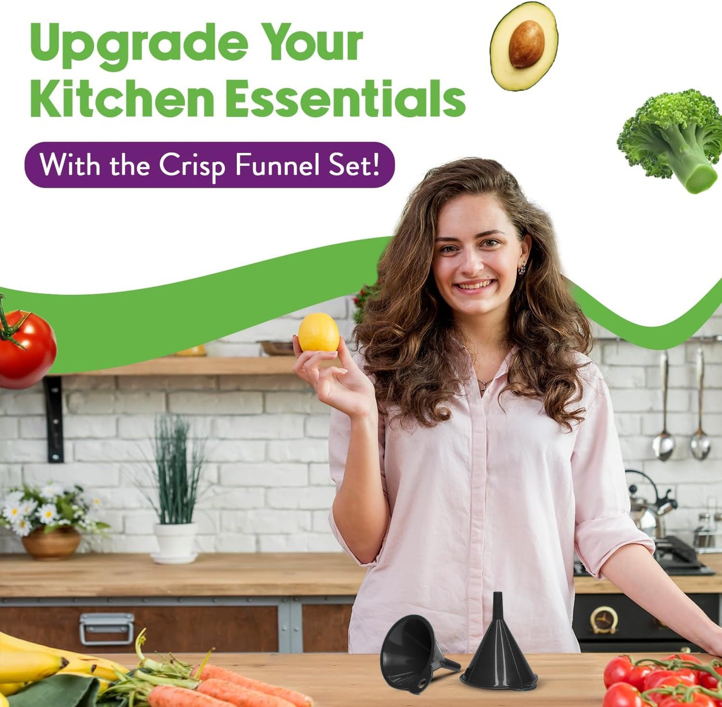 Crisp 2-Piece Funnel Set - All Purpose Funnels for Kitchen Use Filling Bottles - Durable & Dishwasher Safe Kitchen Funnel Set - Made in The USA - Black