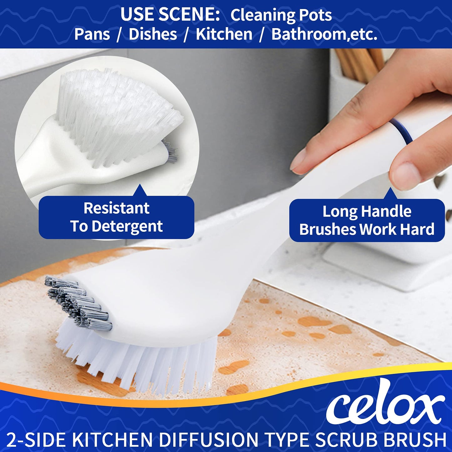 CELOX Kitchen Scrub Brush Set with Ergonomic Handle, Deep Cleaning Brushes, Include Dish Brush