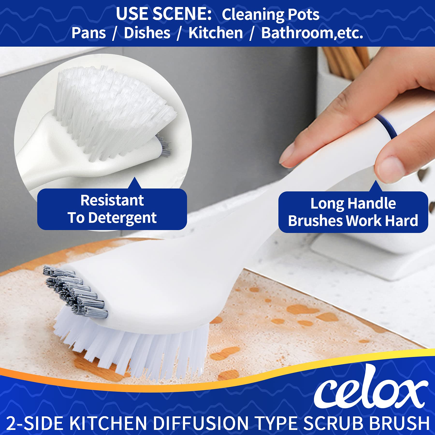 CELOX Kitchen Scrub Brush Set with Ergonomic Handle, Deep Cleaning Brushes, Include Dish Brush