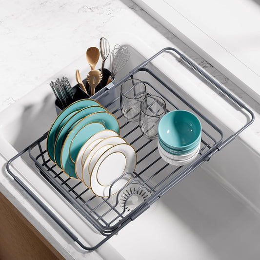 Stainless Steel Dish Drying Rack for Kitchen Counter, Sink Organization and Storage Essentials with Silverware & Utensil Holder, Home and Apartment Decor, 12" W x 16.1~23" L, Gray