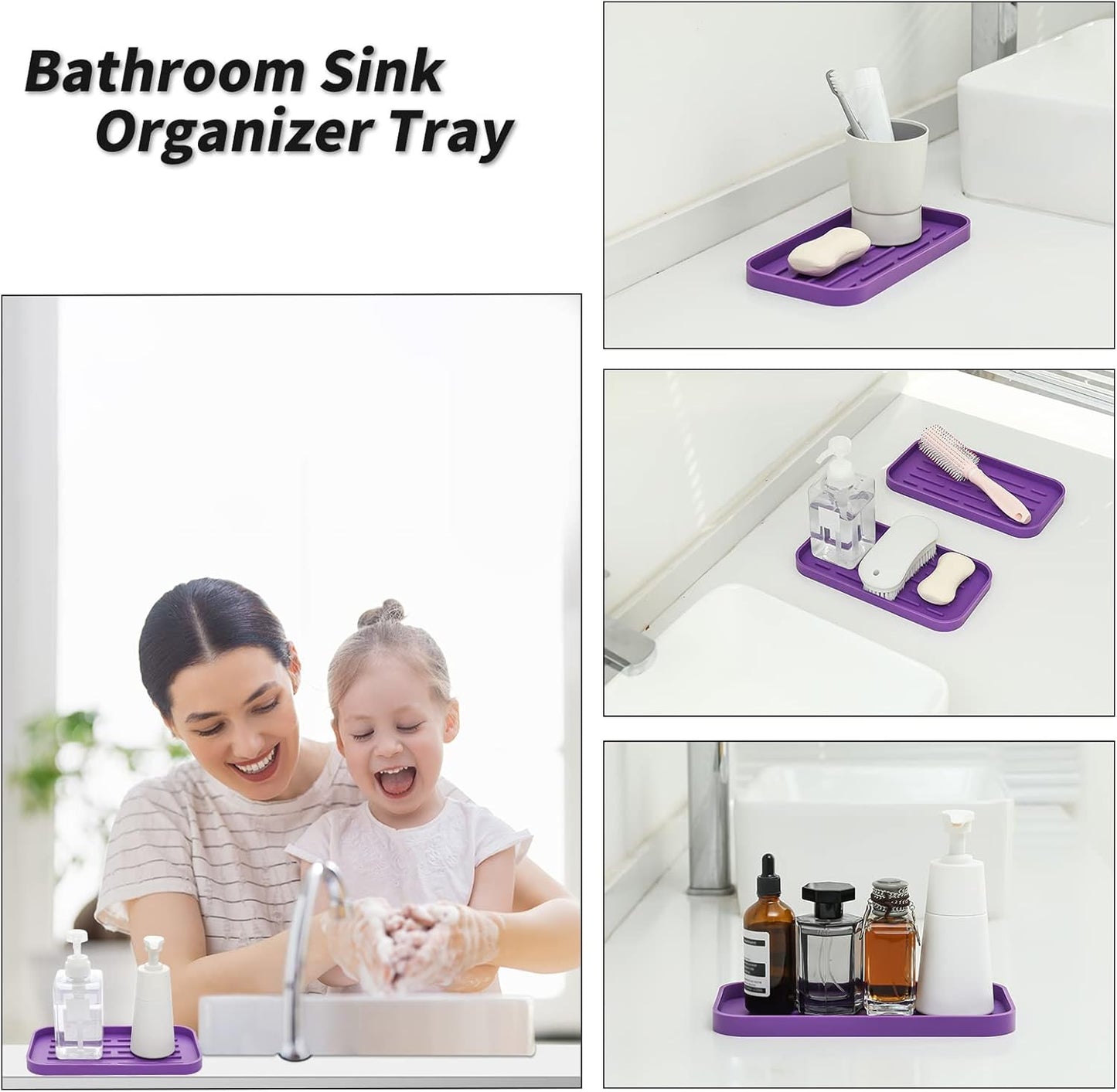 Silicone Kitchen Sink Organizer Tray for Multiple Usage,Eco-Friendly Sponges Holder for Kitchen Bathroom Counter or Sink,Dish Soap Dispenser,Scrubber,Bottle,Cup (Purple, 10"×5.3")