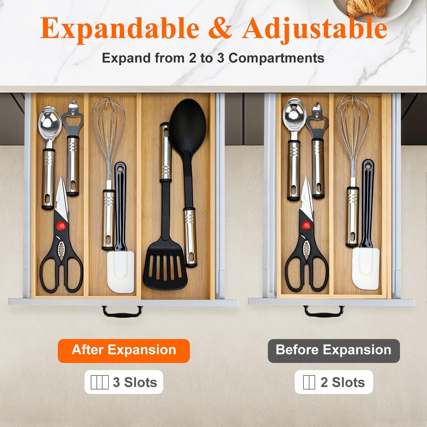 Large Bamboo Kitchen Utensil Drawer Organizer Expandable Silverware Tray