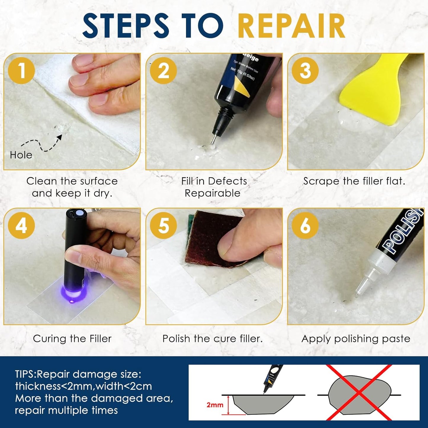 Quartz Countertop Repair Kit, Granite & Marble Repair Kit with 4*15g Filler(White,Beige, Gray,Clear), 30s Fast Repair Chip, Hole, Scratch, Crack on Fiberglass, Porcelain, Ceramic Tile, Bath Tub, Sink