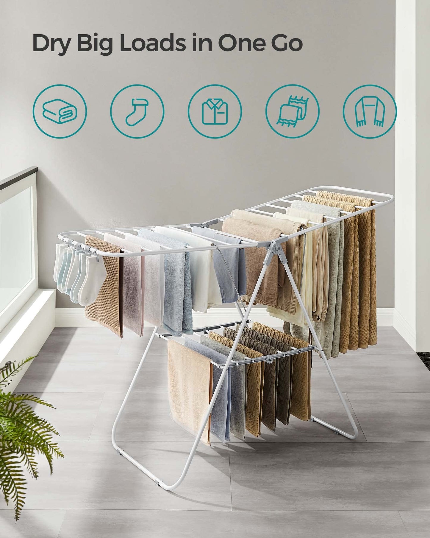 SONGMICS Clothes Drying Rack, with Sock Clips, Metal Laundry Rack, Foldable, Space-Saving