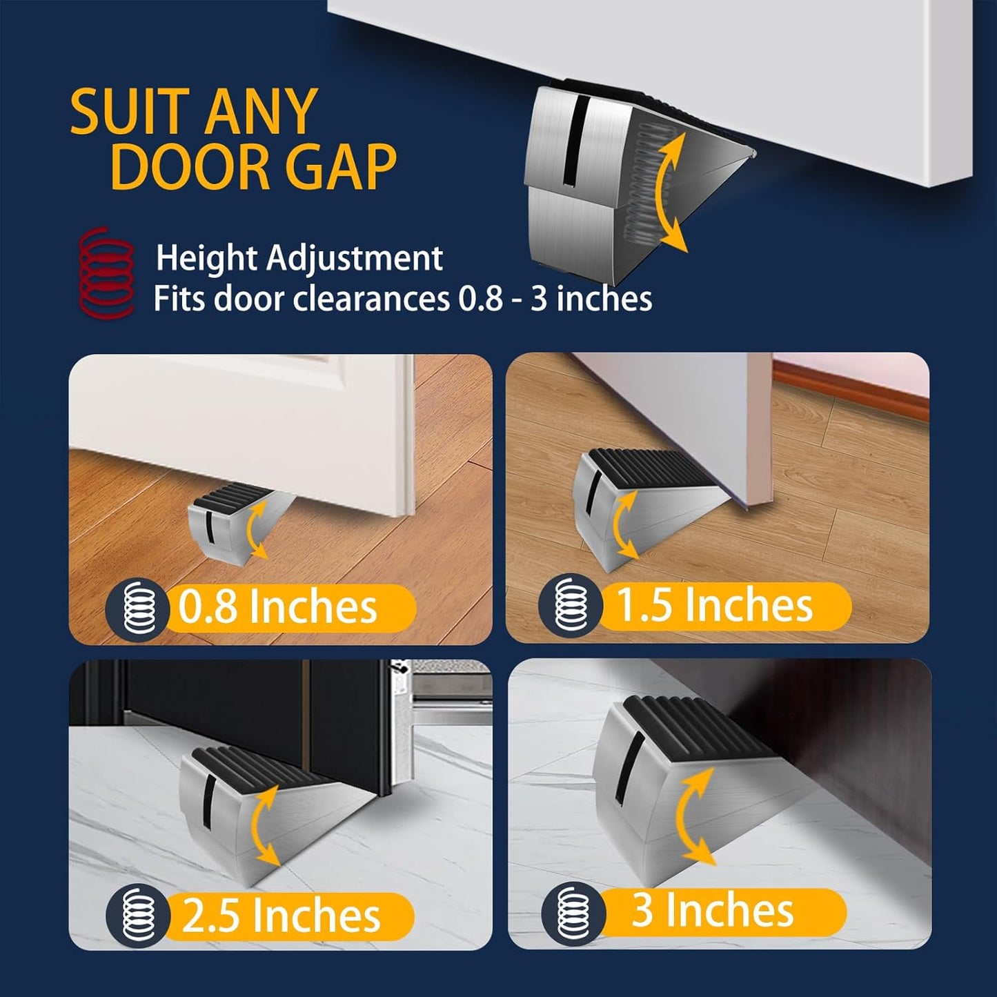 Heavy Duty Door Stopper Adjustable Spring Large Stoppers Wedge, Tall up to 3 Inches Doorstop Stainless steels Made Suits Any Heavy Doors (2 Pack Silver-Adjustable)