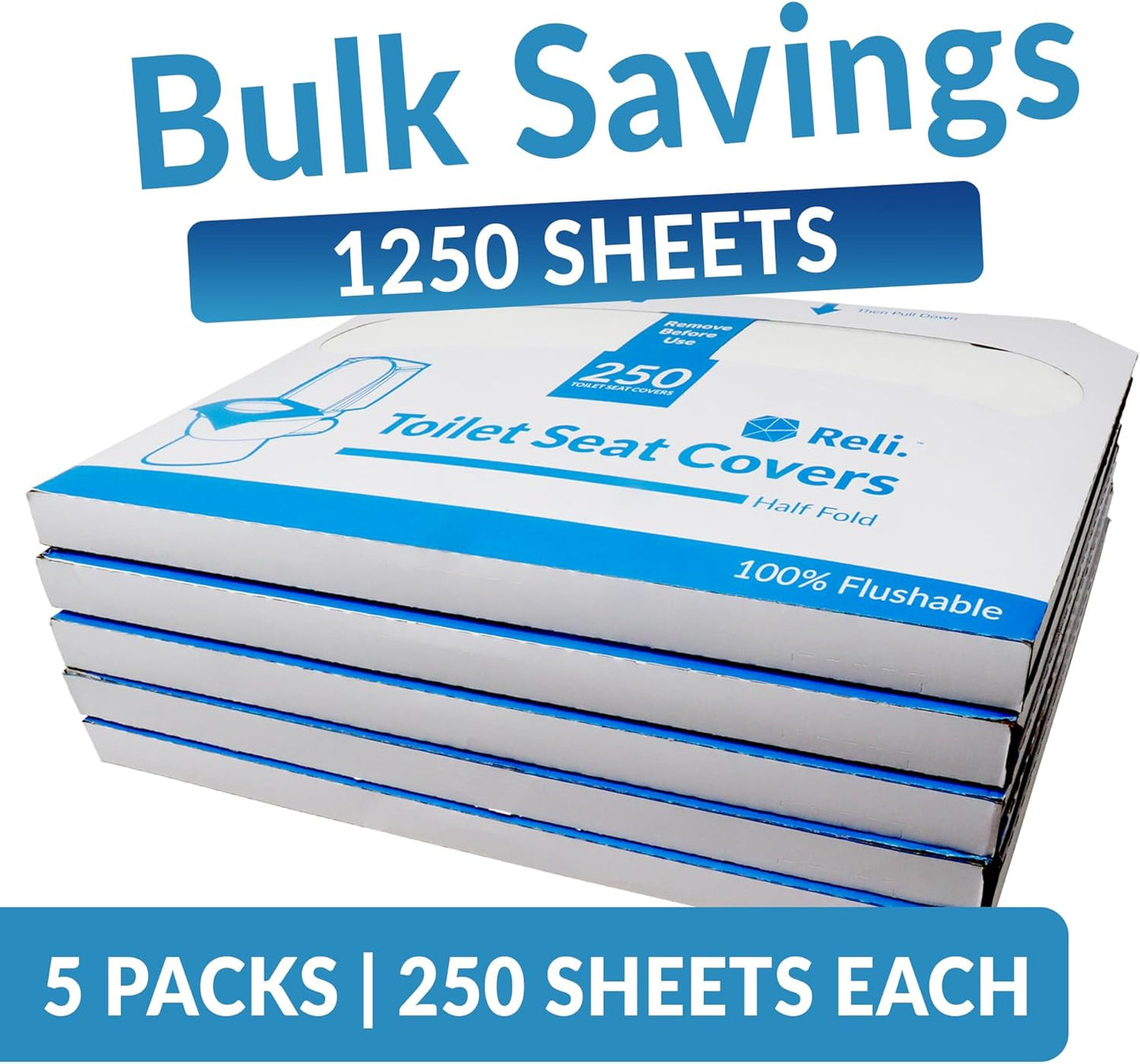 Reli. Toilet Seat Covers (1250 Pcs, 5 Packs of 250) | Disposable Toilet Seat Cover - Flushable - 14x16" (Half-Fold) | Paper Liners for Restroom, Bathroom, Travel, Camping, Kids Potty Training