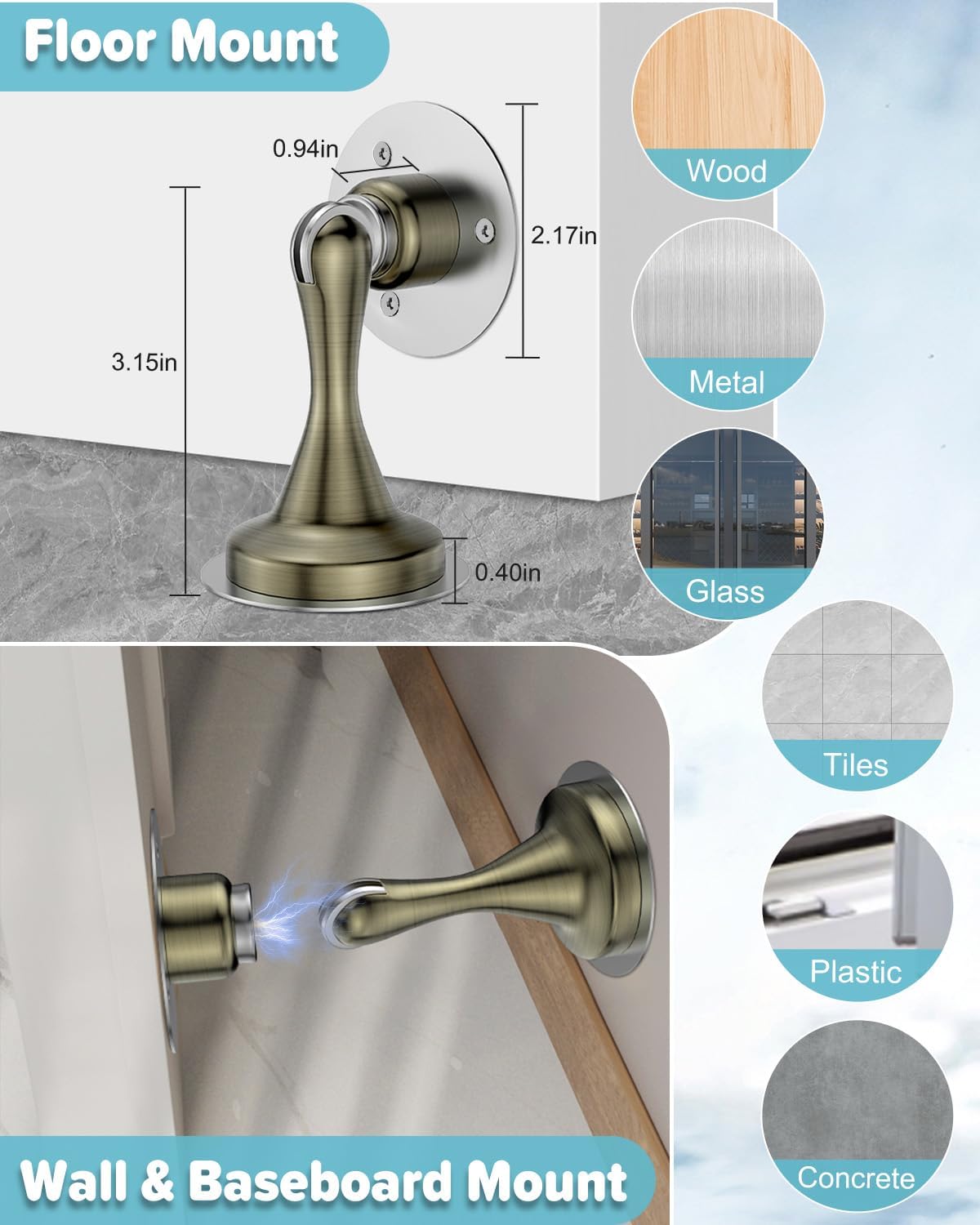 Door Stoppers Magnetic Door Catch - 4 Pack Stainless Steel Heavy Duty Door Stops for Bottom of Door, Wall & Floor Mounting No-Drill Strong Adhesive & Screws, Strong Door Holder to Keep Door Open