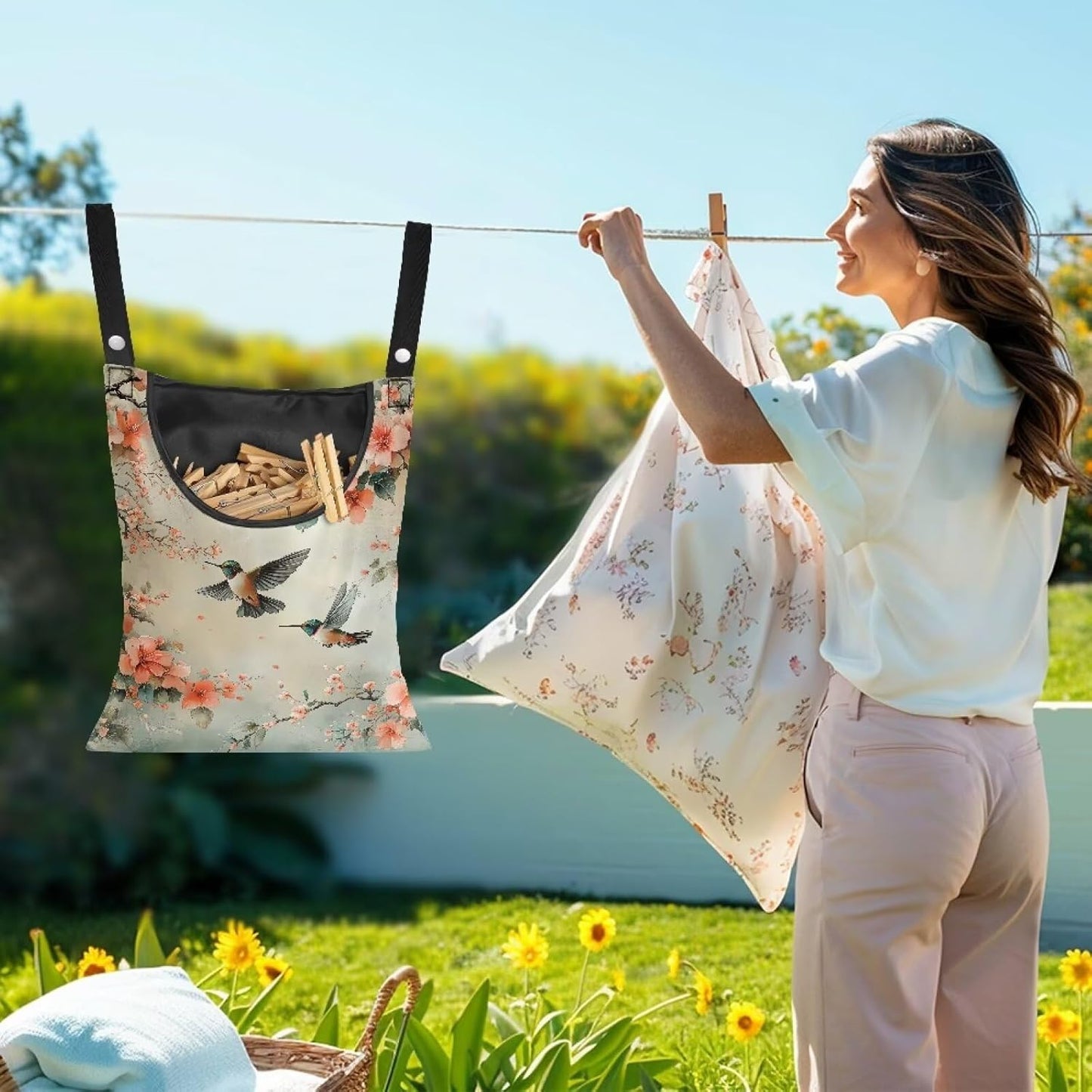 2 Pcs Hummingbird and Flowers Clothes Pin Bag, Small Hanging Laundry Bag with Hanging Rope Clothespin Bag for Clothes Line Clip Easy Access Clothes Pin Holder for Home Outdoor
