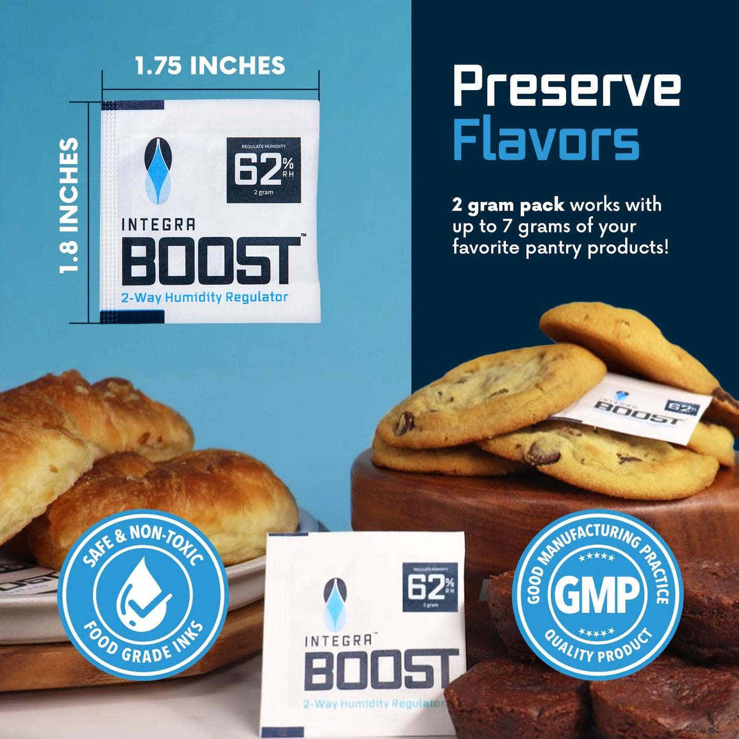 Integra Boost 2-Way Humidity Control Pack ??Patented Technology for Humidity Control ??Preserve Flavor & Maintain 62% RH ??Moisture Absorber for Herbs, Spices & More ??2 Gram (Pack of 20)