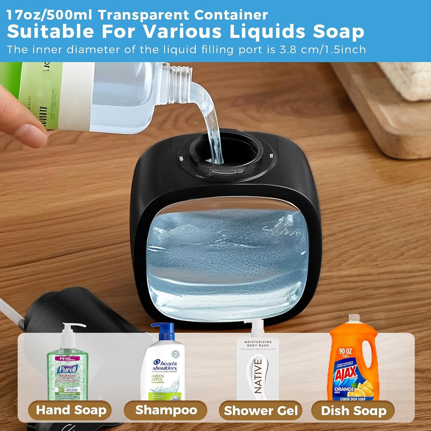 Automatic Liquid Soap Dispenser, 17oz/500ml Touchless Rechargeable with 4-Level Adjustable & IPX5 Waterproof - Level Display for Wall/Tabletop Use in Bathroom, Kitchen, Black