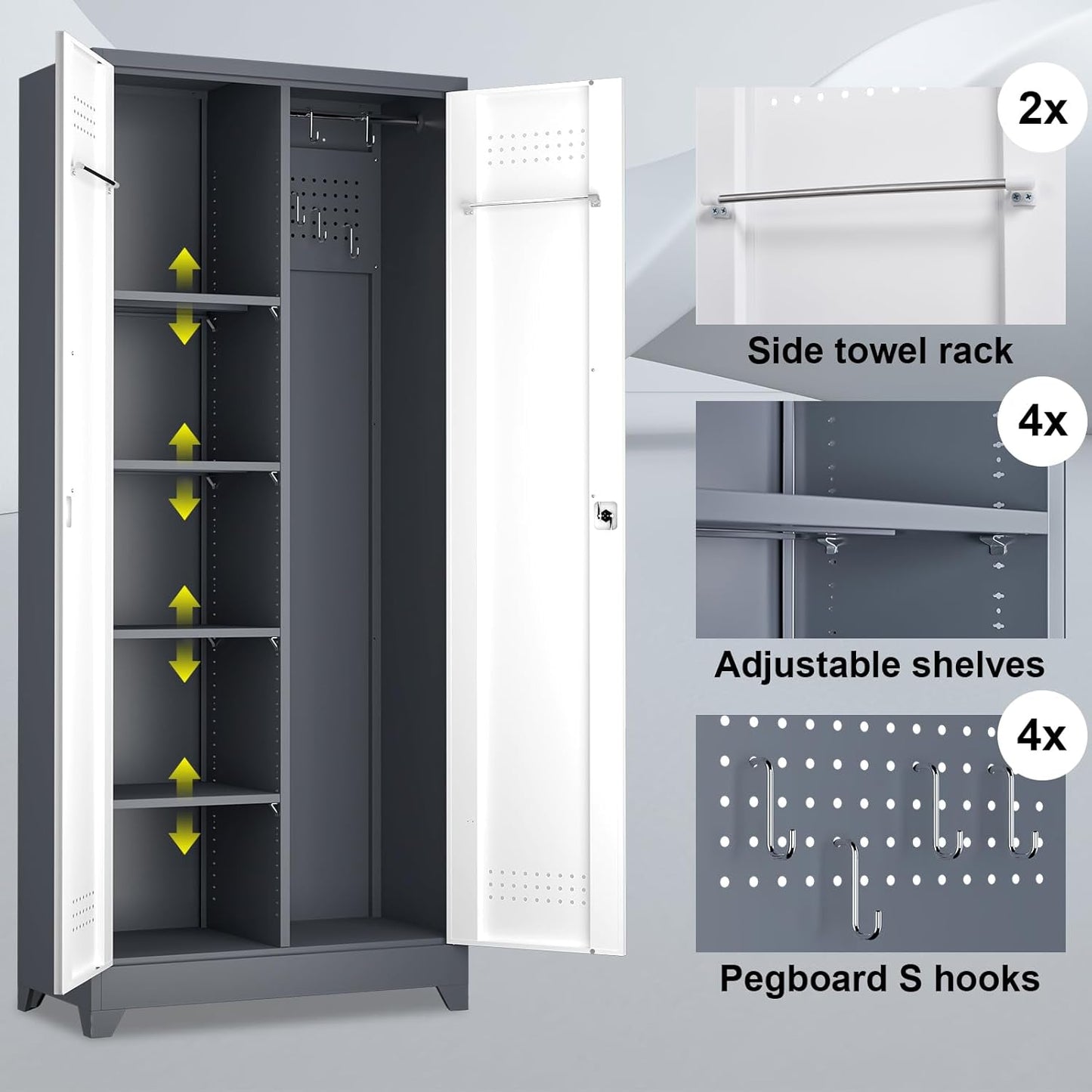 Broom Storage Cabinet, Metal Cabinet with Shelves and Hanging Rod, 72.8" Utility Cabinets with Locking Door, Tall Cleaning Storage for Kitchen, Pantry, Office, Shop, Garage