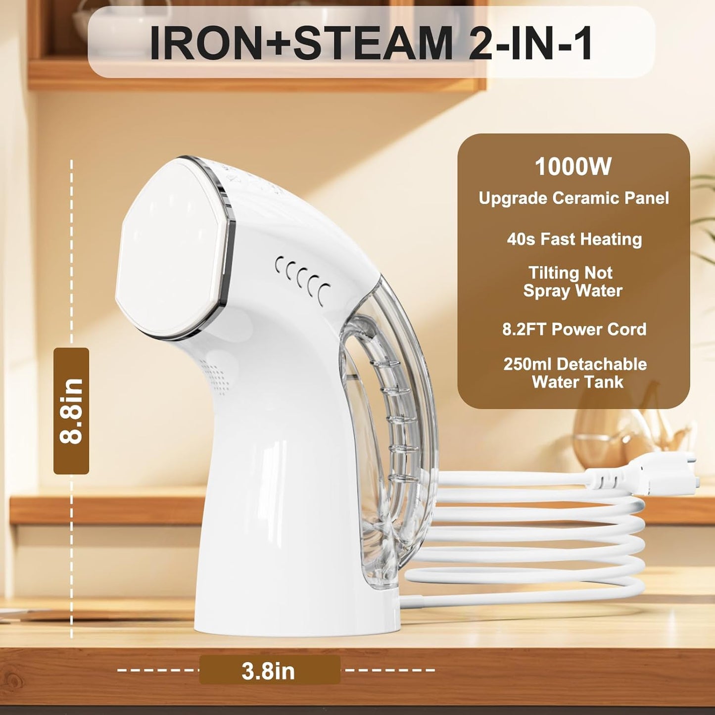 Steamer ＆ Iron 2 in 1 for Clothes, Ceramic Panel, Intelligent Chip Controls Soft Steam (Tilting Not Spray Water), 250ml Water Tank, 8.2FT Power Cord,1000W Portable Handheld Steam Iron (white)