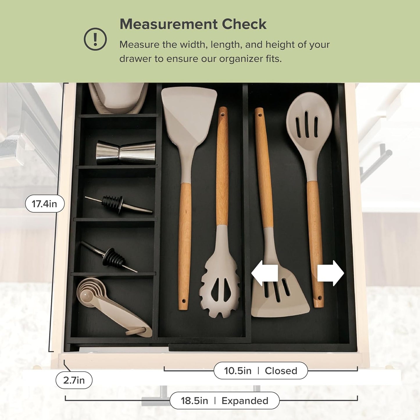 KitchenEdge Adjustable Kitchen Drawer Organizer for Utensils and Junk, Food-Safe Contract Grade with 100% Sustainable Wood, Expandable from 10.5 to 19 Inches Wide - Black Bamboo