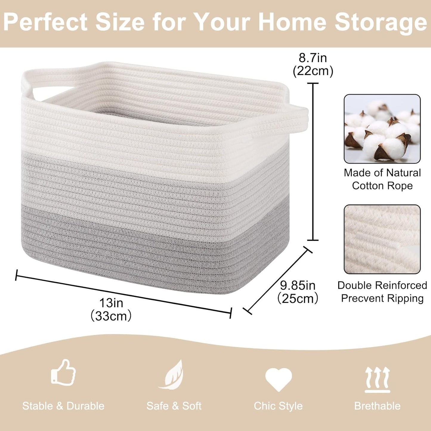 Storage Baskets for Organizing, Woven Baskets for Shelves, Rectangle Decorative Organizer for Storage Clothes, Toy, Books, Towels Nursery Bins 3 Pack (Gradient Grey)