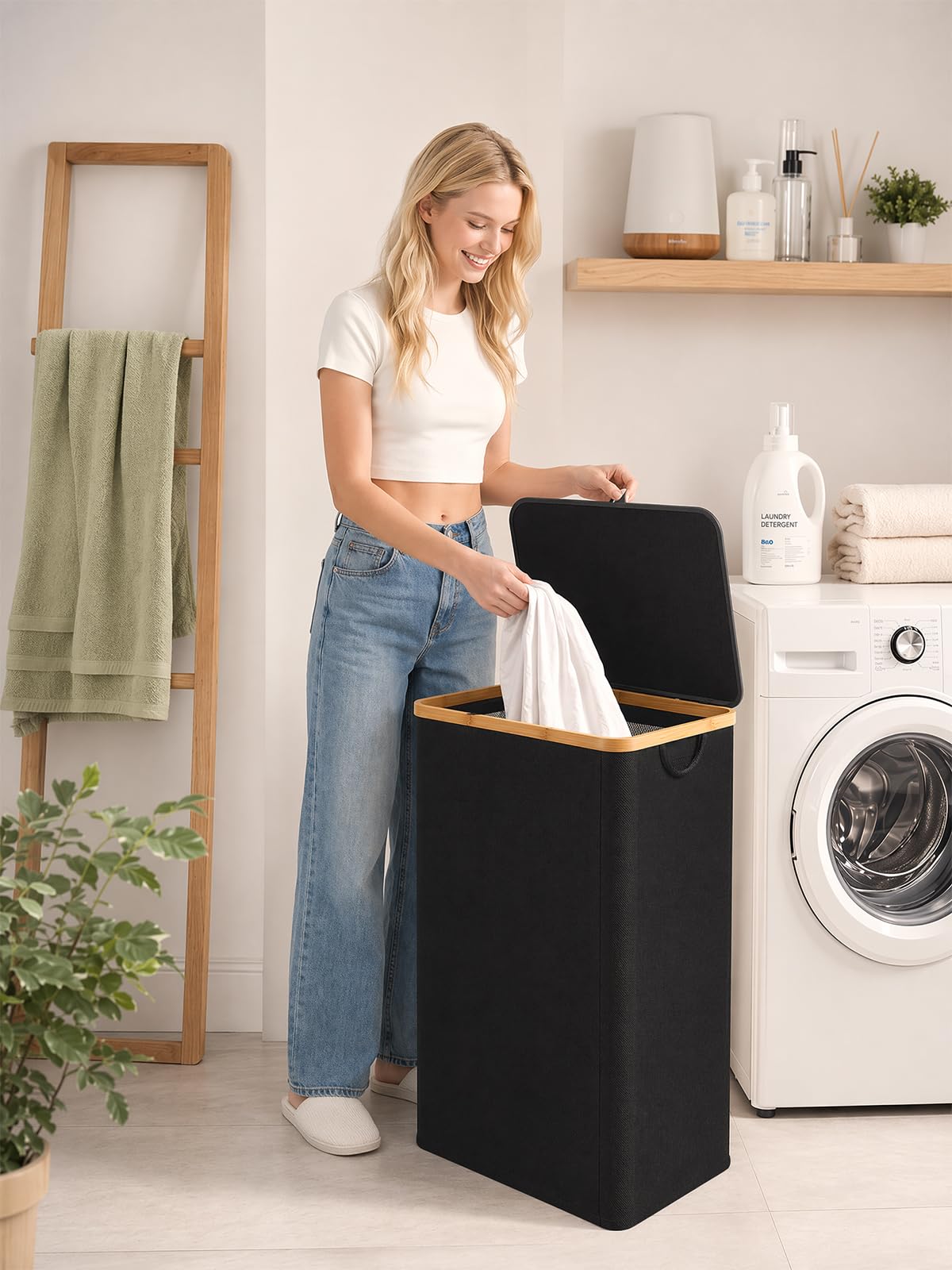IEGrow Laundry Hamper with Lid,110L Laundry Basket with Mesh Bags,Black