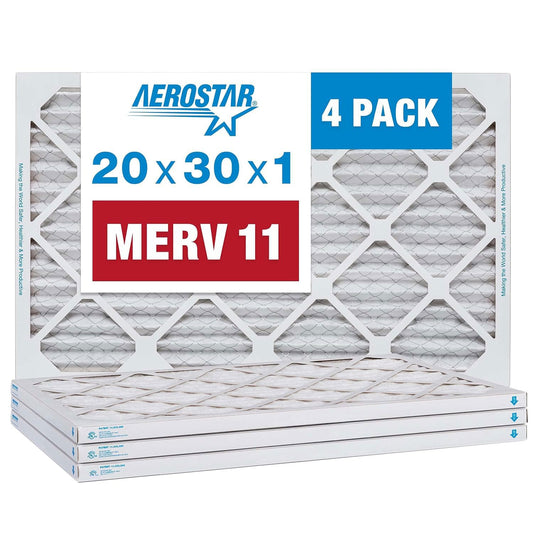 Aerostar 20x30x1 MERV 11 Air Filter, 4 Pack Set of HVAC Furnace Filters, Electrostatic MPR