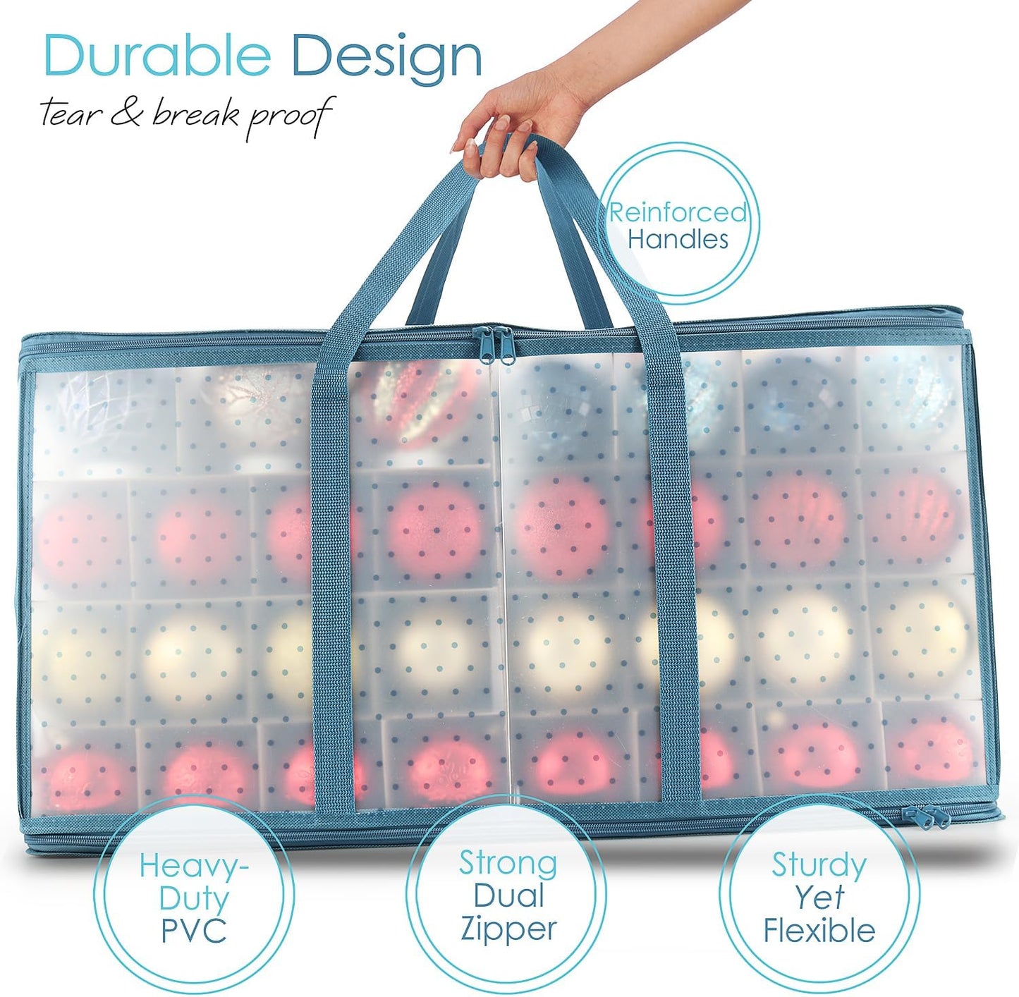 Large Christmas Ornament Storage Box With Adjustable Dividers - Plastic Ornament Storage Container For 128 Holiday Ornaments or Decorations - By Hearth & Harbor