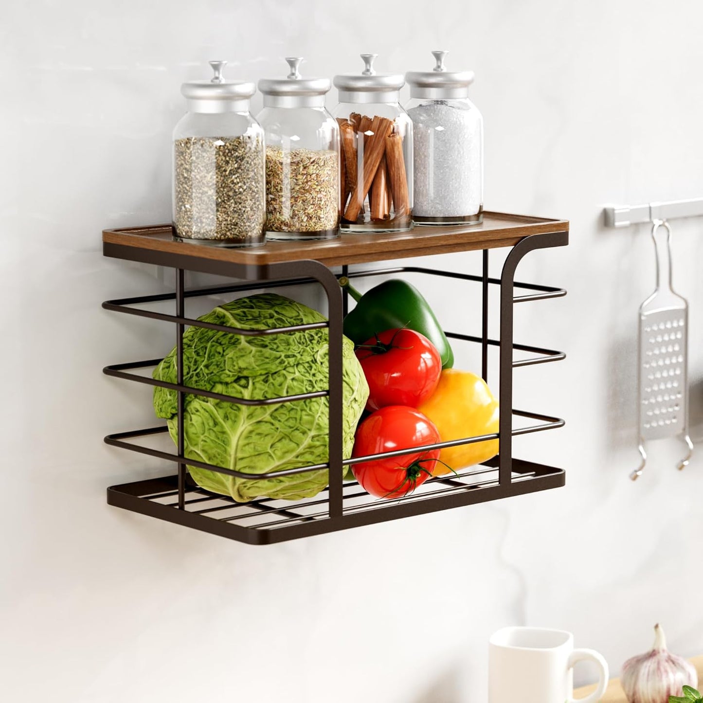 2 Pack Storage Stackable Kitchen Laundry Pantry Organizers,Wall Mount Trash Bag Holder Dispenser with Bamboo Top Countertop Organizer,Brown