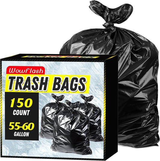 150 Count 55-60 Gallon Trash Bags, Sturdy & Tear-Resistant Commercial Can Liners 55 Gallon, Large Garbage Bags, Large Black Trash Bags for Commercial, Lawn and Leaf Bags
