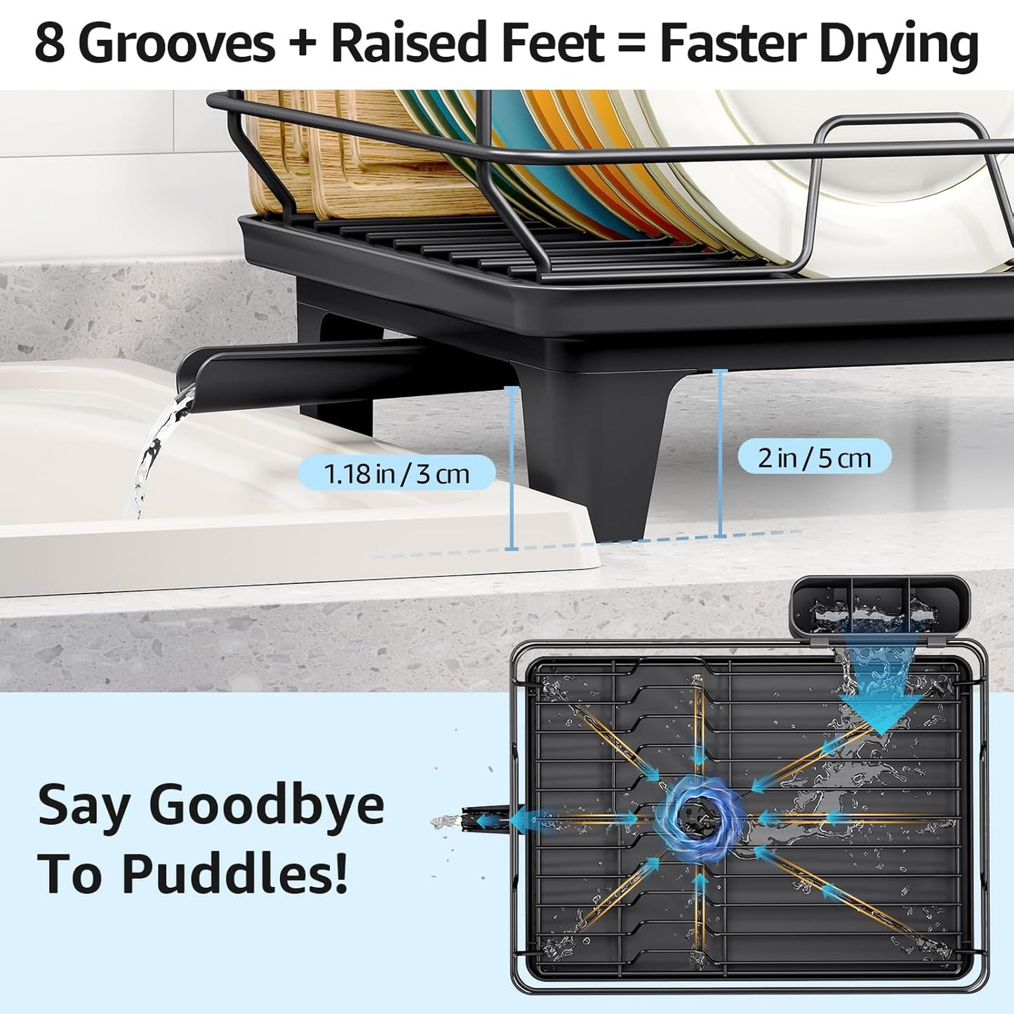 Dish Drying Rack for Kitchen Counter, Space-Saving Dish Rack, Multifunctional Dish Drainer Rack, Sink Kitchen Dishes Strainer, Dryer Rack with Drain Board, and Cutlery Holder,Small Size Black