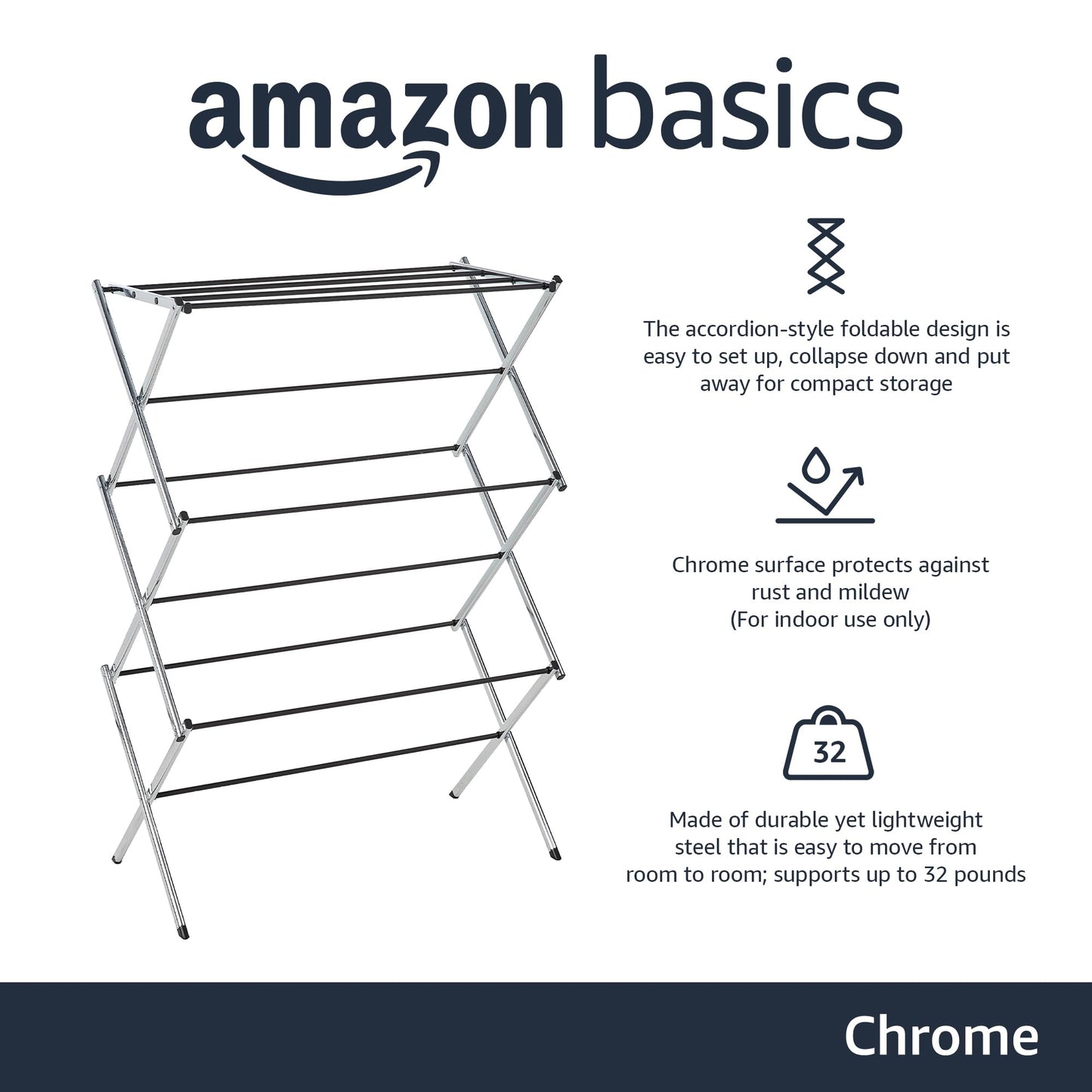 Amazon Basics Foldable Portable Metal Clothes Drying Rack for Indoor Air Drying, Energy Saving