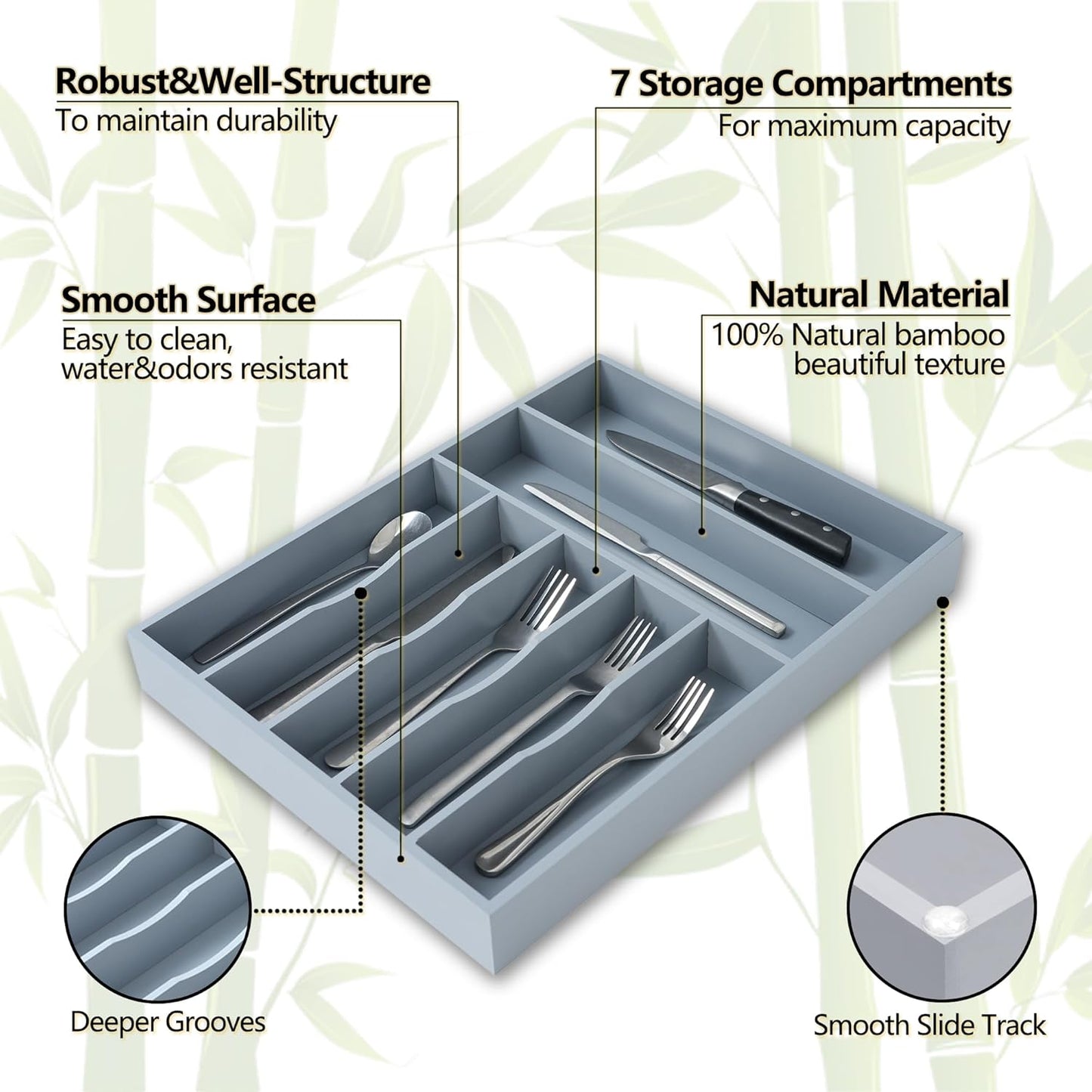Silverware Organizer, 12.5 Inch Utensil Organizer Kitchen Drawer Organizer Bamboo Silverware Holder Cutlery Tray Organizer in Drawer Flatware Organizer Tray(7 slots, Gray）