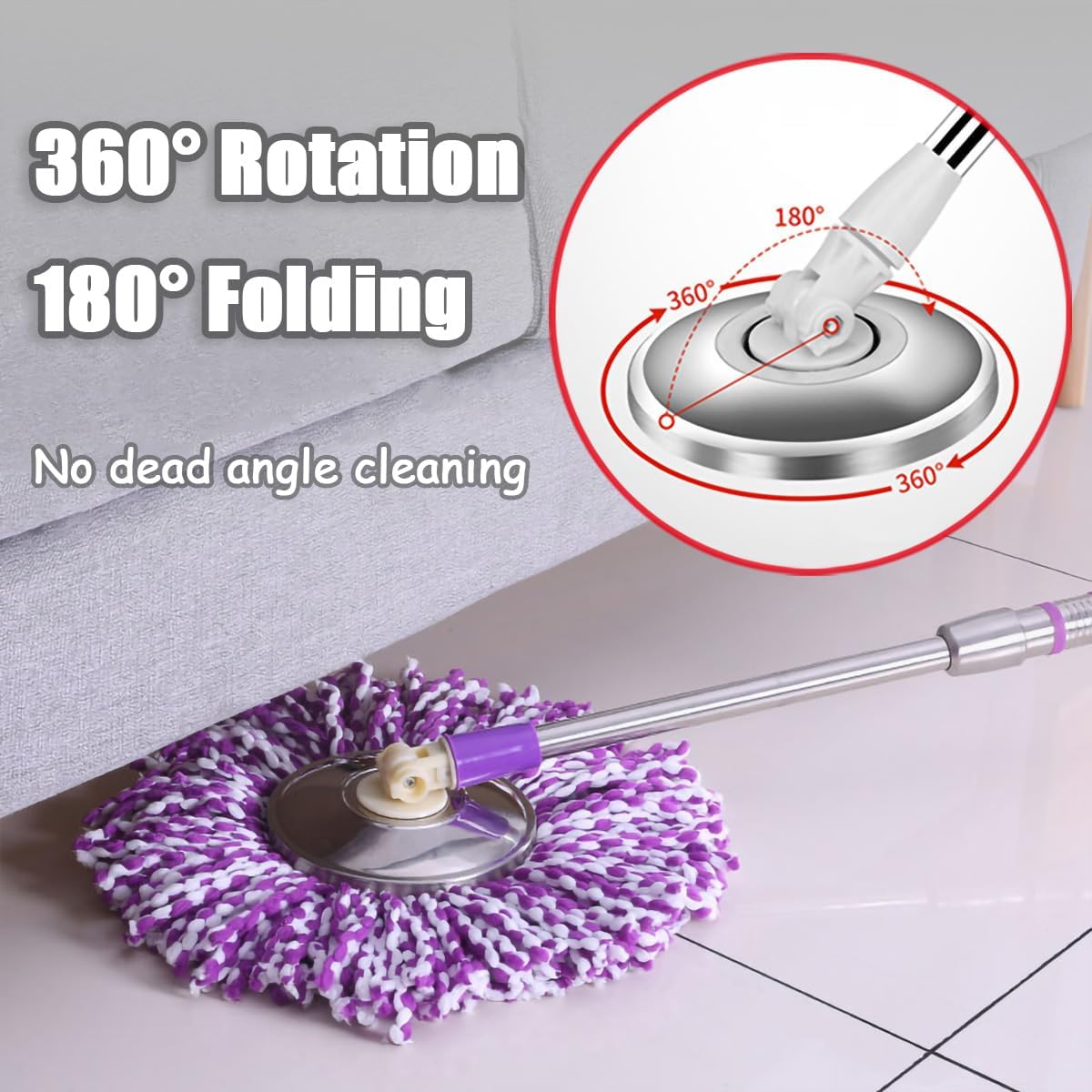 Extended Spin Mop Replacement Mop Handle, Upgraded 60-inch 360 Degrees Rotating Telescopic Replacement Mop Stick for Spin Mop Bucket Cleaning System (Stainless Steel Disc, Green)