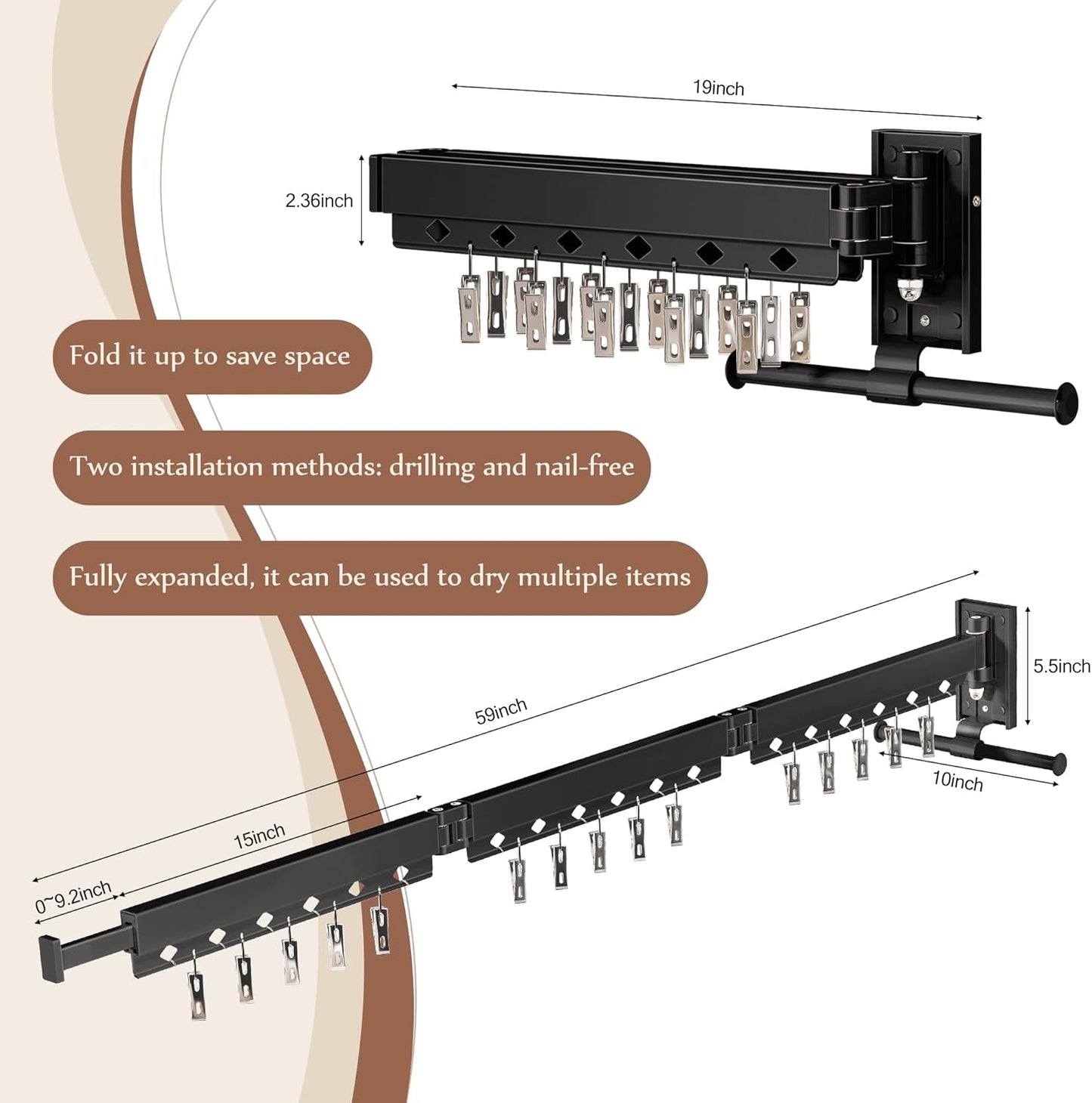 Wall Mounted Collapsible Clothes Drying Rack, Durable Space-Saving Laundry Drying Rack Clothing Hanger, Upgraded with Clips and Windproof Holes