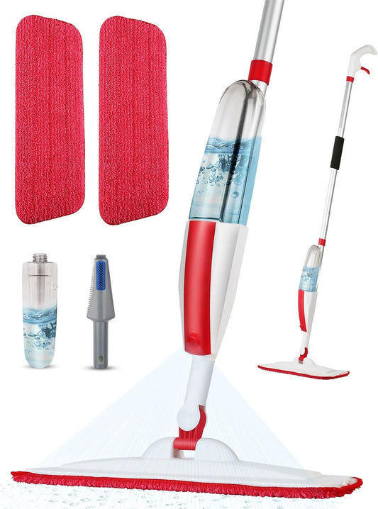 Spray Mops for Floor Cleaning Floor Mop with a Refillable Spray Bottle and 2 Washable Microfiber Pads Home or Commercial Use Dry Wet Flat Mop for Hardwood Laminate Wood (Red)