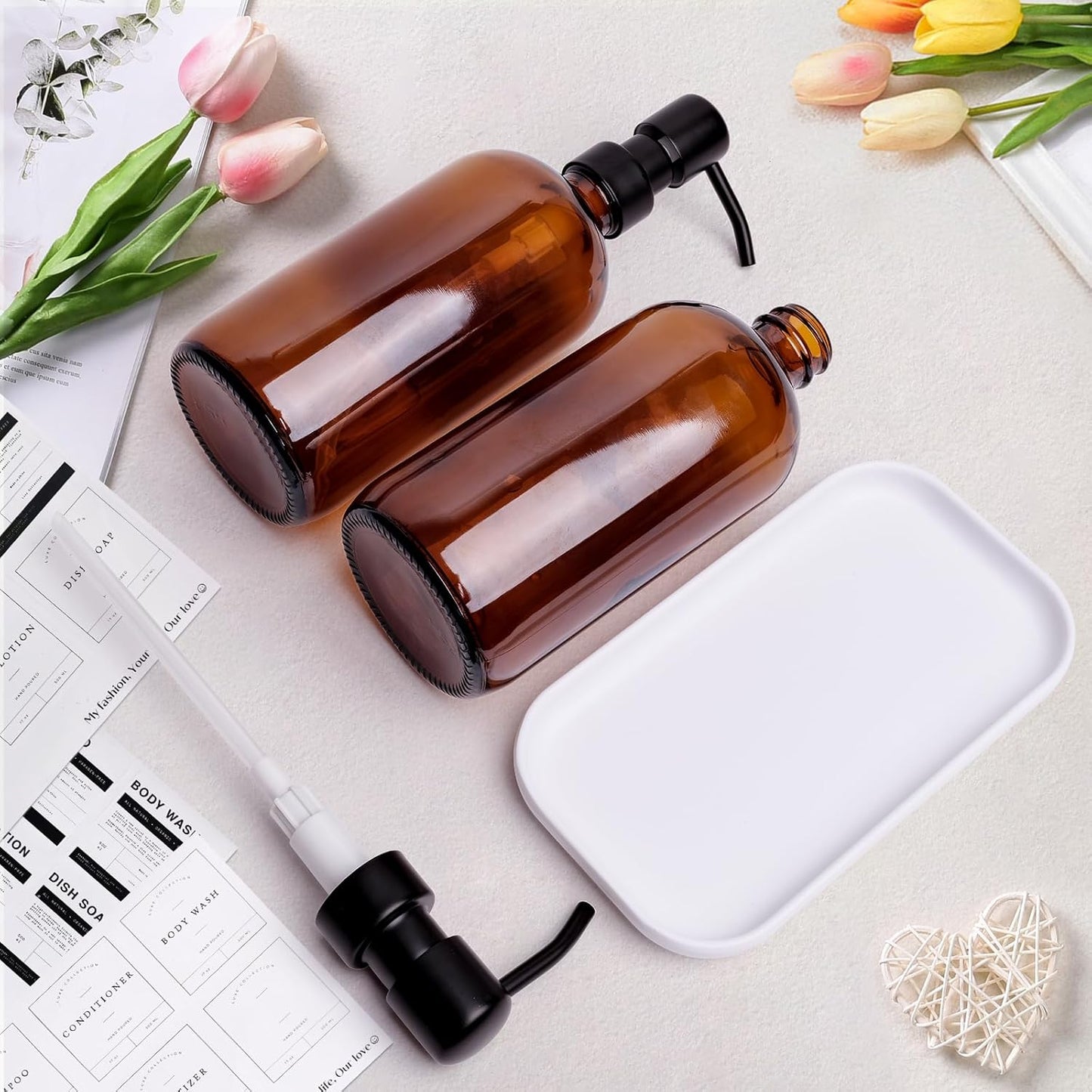 Amber Glass Soap Dispenser, 2 Pack Bathroom Kitchen Soap Dispenser Set with Stainless Steel Pump, 16 oz Dish Soap Hand Soap Dispensers