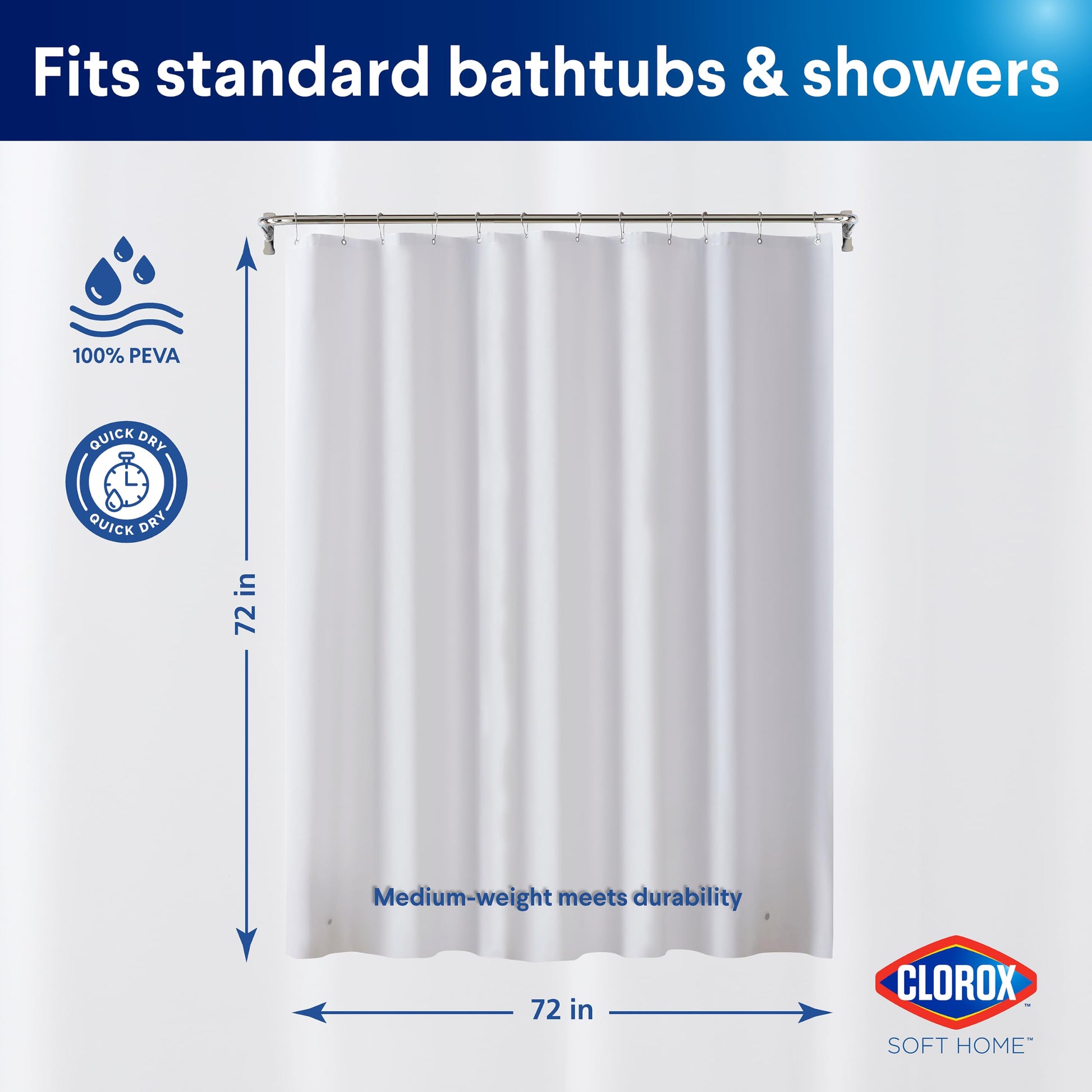 Clorox Shower Curtain Liner, Premium Medium-Weight Durable Waterproof 6g PEVA for Bathroom with