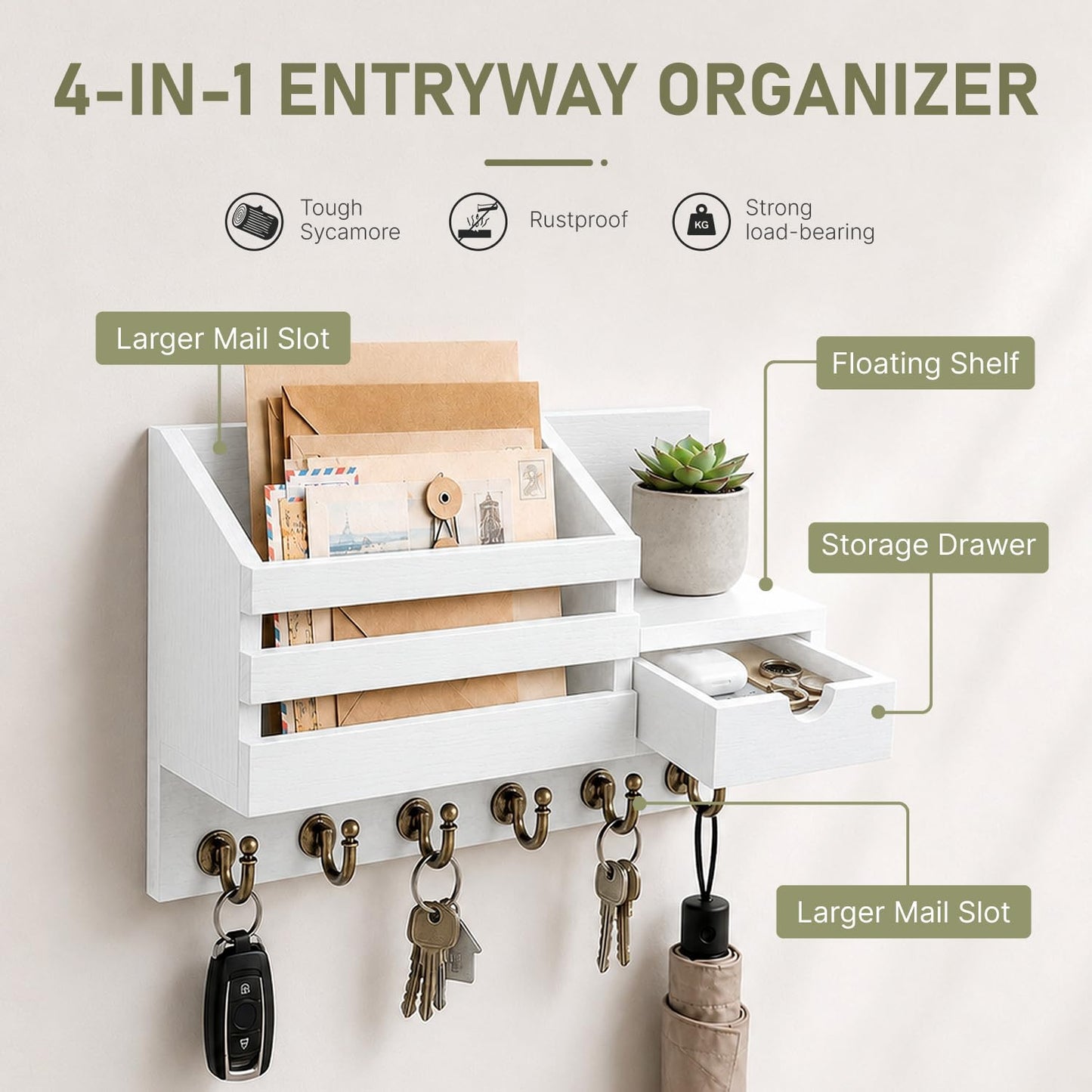 FifthQuarter Key and Mail Holder Wall Mount with Drawer and 6 Sturdy Hooks