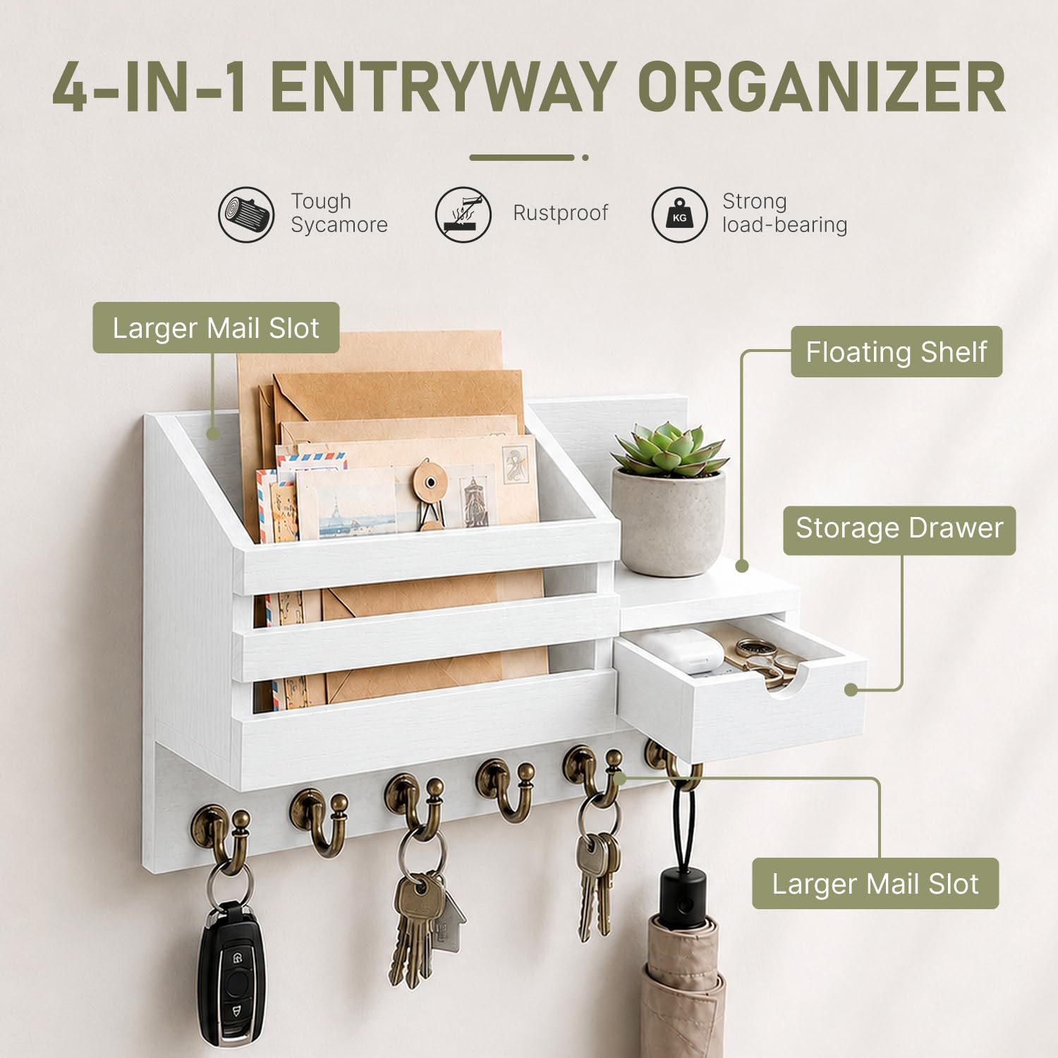 FifthQuarter Key and Mail Holder Wall Mount with Drawer and 6 Sturdy Hooks