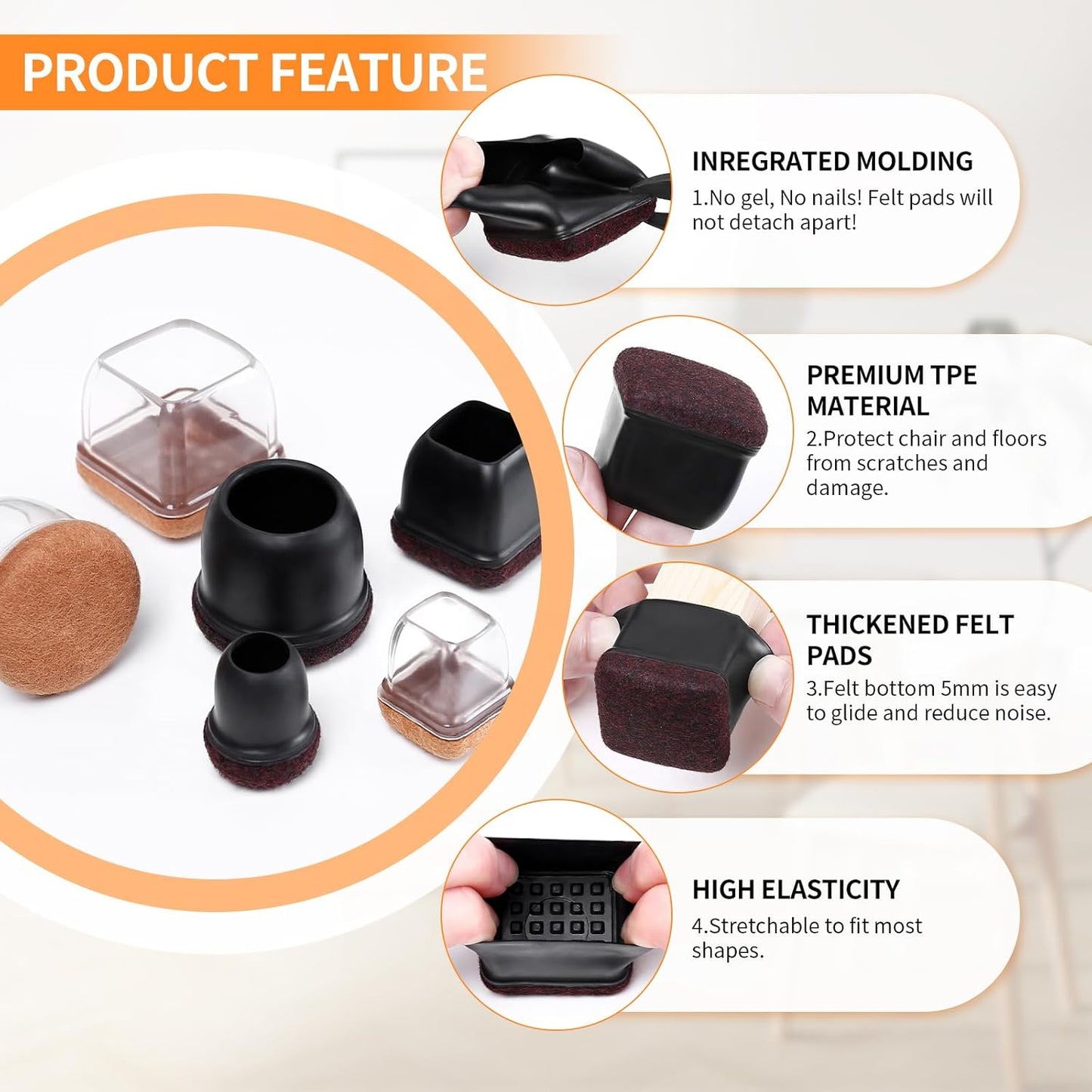 Ezprotekt 24 Pcs Square Chair Leg Floor Protectors for Hardwood Floors, Silicone Felt Furniture Pads, Table Chair Leg Cups Covers, Bar Stools Leg Protectors Caps (XL Fit: 1.5" - 2", Black)