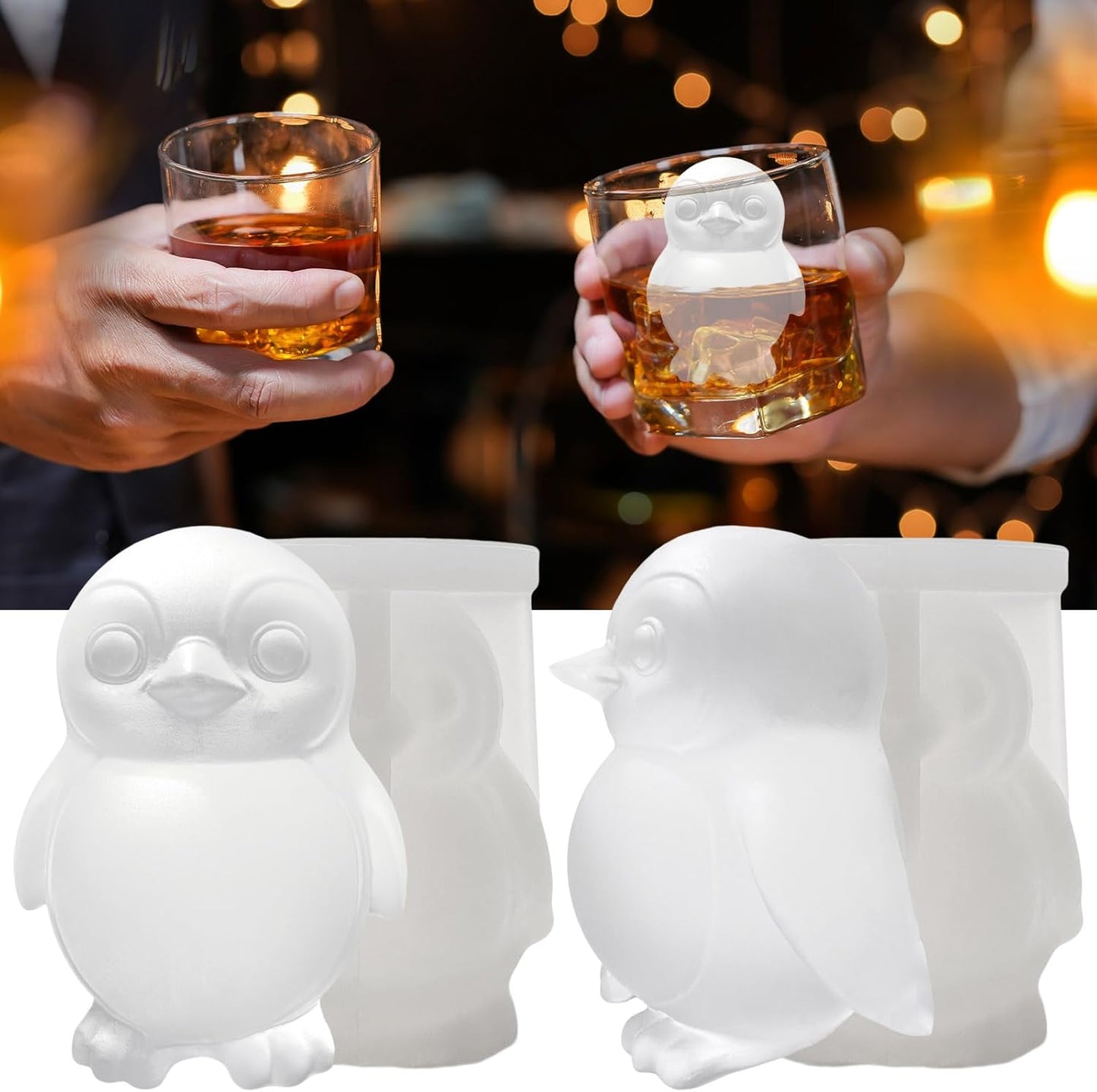 3D Penguin Ice Cube Silicone Molds Tray for Whiskey, Cocktail, Drink Decor, Bar; Rich Details. Cute Penguins Gifts for Women Kids Girls Boys, Fun Animal Shape Soap Epoxy Resign Mold; 2 Pack